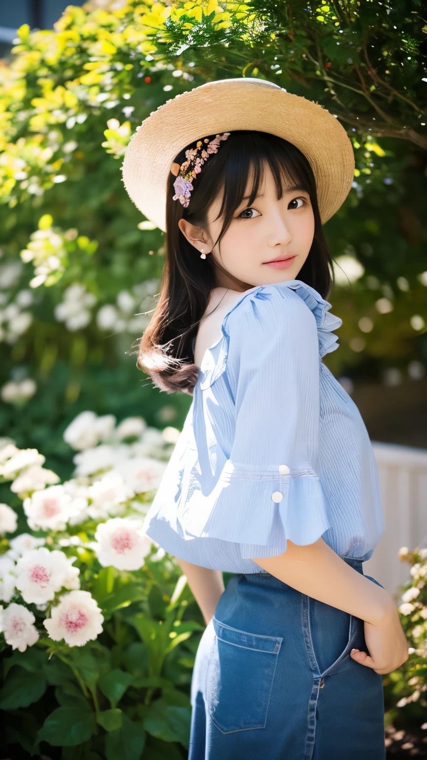 masterpiece, highest quality, 1 girl, Nogizaka_costume, cowboy shot, thighs, beautiful girl, flowers, lots of small petals, garden, blue sky, looking at the viewer, small waist, official art, RAWphotograph, incredibly absurd, face light, dynamic lighting, cinematic lighting, surreal, High resolution, photograph, sharp focus, most detailed, very detailed, super detailed, finely, very detailed目と顔