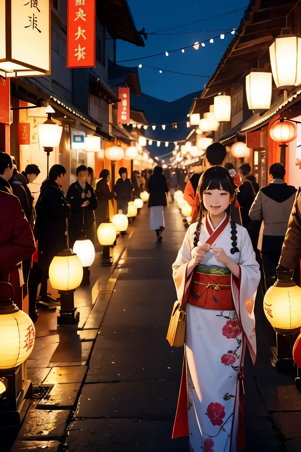 Title: A Blissful Lantern Festival on the 15th Day of the Chinese Lunar New Year
Scene Description: In an ancient city steeped with jubilant spirit, lanterns of every hue and size dangle high above, illuminating the bustling streets with a warm, inviting glow. The joyous atmosphere is further amplified by the colorful attire of the people, who stroll along the lively streets, lanterns in hand and smiles on their faces. The scene is filled with a diverse crowd of people in magnificent traditional costumes, from intricately embroidered Hanfu to vibrant, patterned Hanbok.

Both sides of