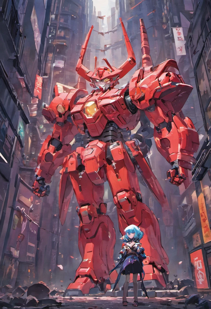 highest image quality、 (huge mobile weapon giant robot weapon、 Super tracker、 Lesnar、 Taste of Pennywise、 Mobile Suit)、 Fight in a war-torn city lit by a red moon、 Many red spherical drones floating、 full body portrait, Vibrant details, (Highly detailed appearance)