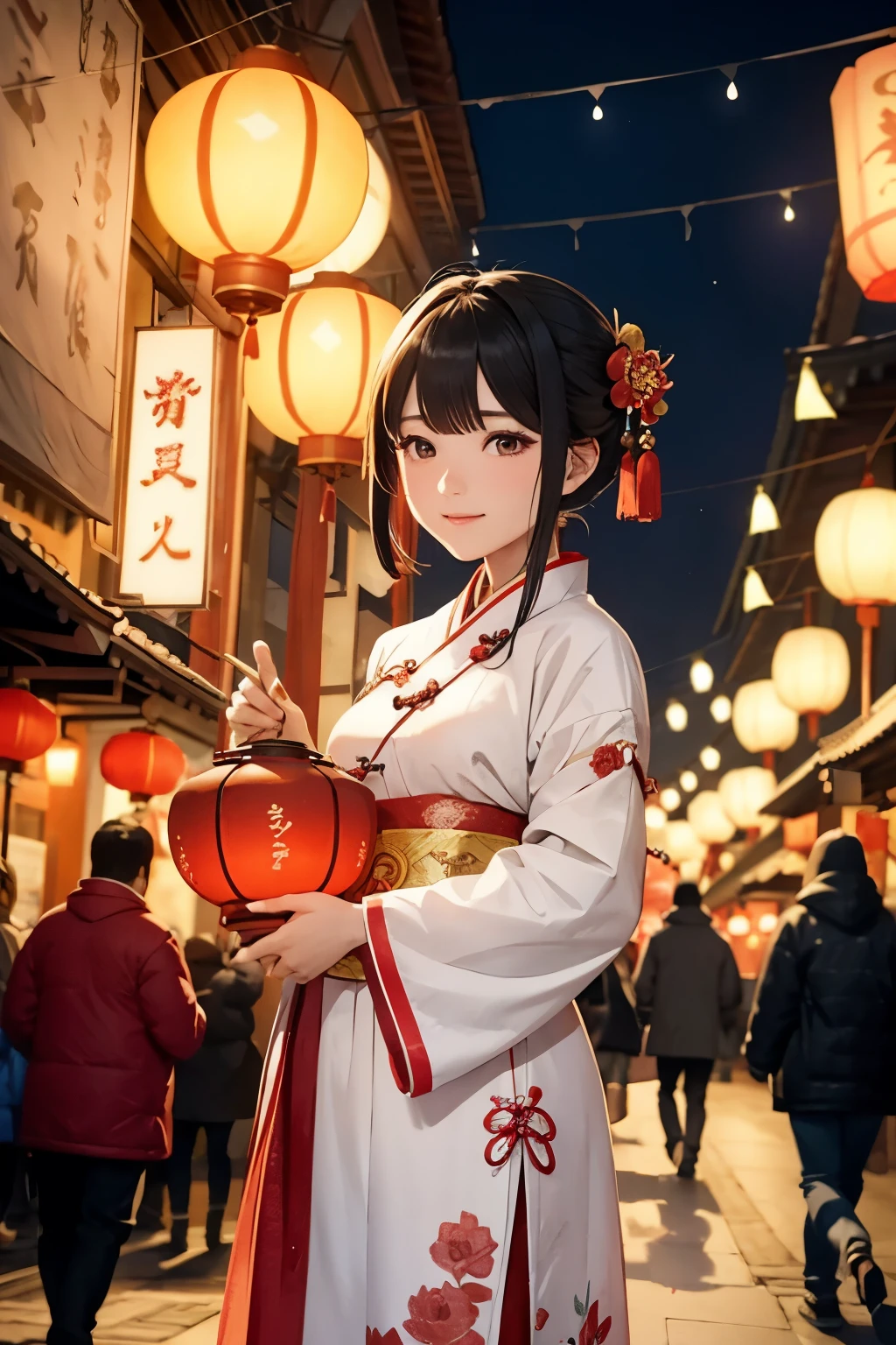 Title: A Blissful Lantern Festival on the 15th Day of the Chinese Lunar New Year
Scene Description: In an ancient city steeped with jubilant spirit, lanterns of every hue and size dangle high above, illuminating the bustling streets with a warm, inviting glow. The joyous atmosphere is further amplified by the colorful attire of the people, who stroll along the lively streets, lanterns in hand and smiles on their faces. The scene is filled with a diverse crowd of people in magnificent traditional costumes, from intricately embroidered Hanfu to vibrant, patterned Hanbok.
Both sides of