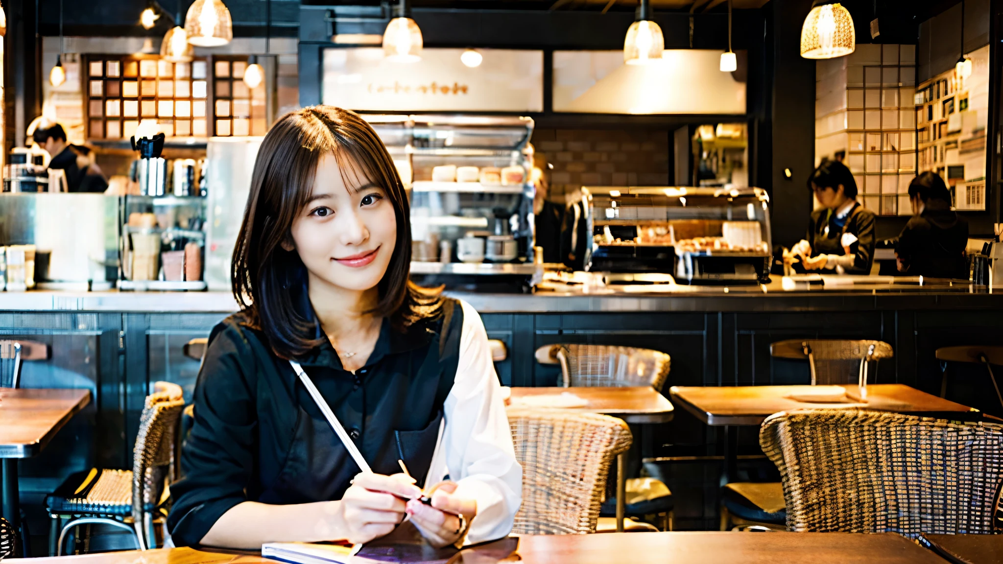In a café in New York、A beautiful model-like woman is depicted as a Japanese female college student.。She has medium short brown hair.、I spread out my textbooks and notebooks on the table and study seriously.。The cafe is also crowded with other customers.、There is a lively atmosphere full of life.。In the background、You can see multiple staff working at the counter.、Makes the atmosphere of a city cafe more realistic。This scene is、Capturing the moment of a female college student who combines hard work and beauty.。