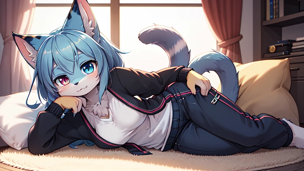 [Uploaded to e621.net; (Foxovh), (Pixelsketcher), (mayosplash], ((masterpiece)), ((nighttime lighting)), ((solo portrait)), ((behind view)), ((furry; anthro cat girl)), ((detailed fur)), ((detailed shading)), ((beautiful render art)), {(anthro cat; white fur, short messy blue hair, blue thin but fluffy cat tail), black Tank top, black lounge shorts, camel toe}, (sitting on bed; doggy style), [background; (bedroom; dark room)]