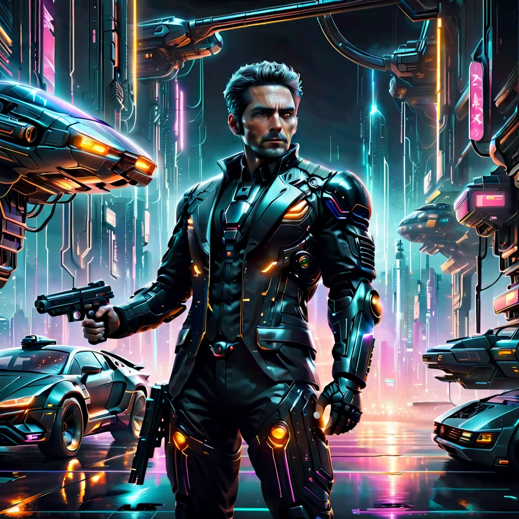 （A man in a stylish black suit:1.5），A futuristic agent equipped with exquisite weapons and equipment，The agent stood firm.，Be prepared，Showcasing a variety of high-tech equipment that is seamlessly integrated into the garments。The background should suggest a future urban landscape，Advanced technology and architecture visible。Agent&#39;s equipment includes innovative and advanced gadgets and weapons，Highlighting the advanced nature of the world they live in。The overall image should convey a sense of mystery、A sense of sophistication and cutting-edge technology。
