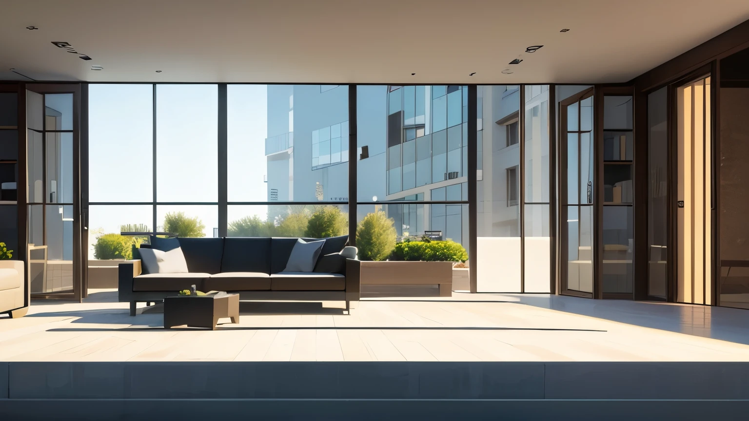 you are a famous interior designer、I was asked to create a 3D image of a large modern room.。. Create a harmonious environment with modern and minimalist furniture. Including garden interior.
