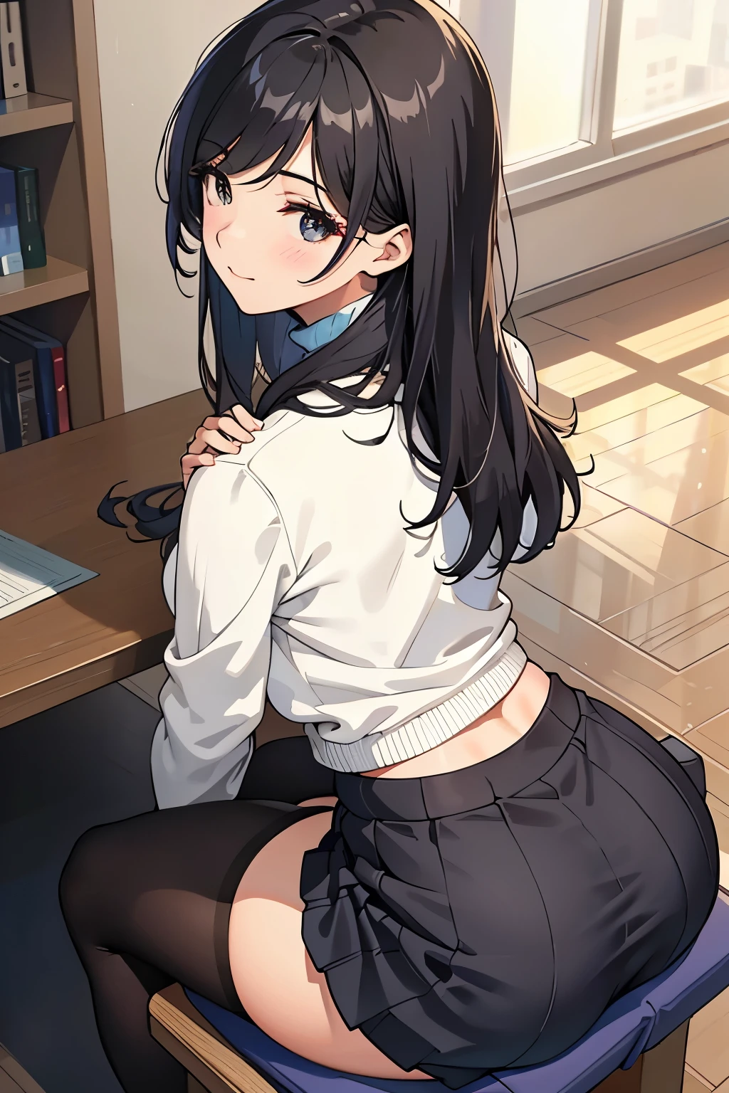 Within the university、campus、beautiful mature woman、Upper body、knit skirt、innocent face、good attachment、Glamour、Bend over and push your butt back、Beautiful butt、stockings、sit。sweater