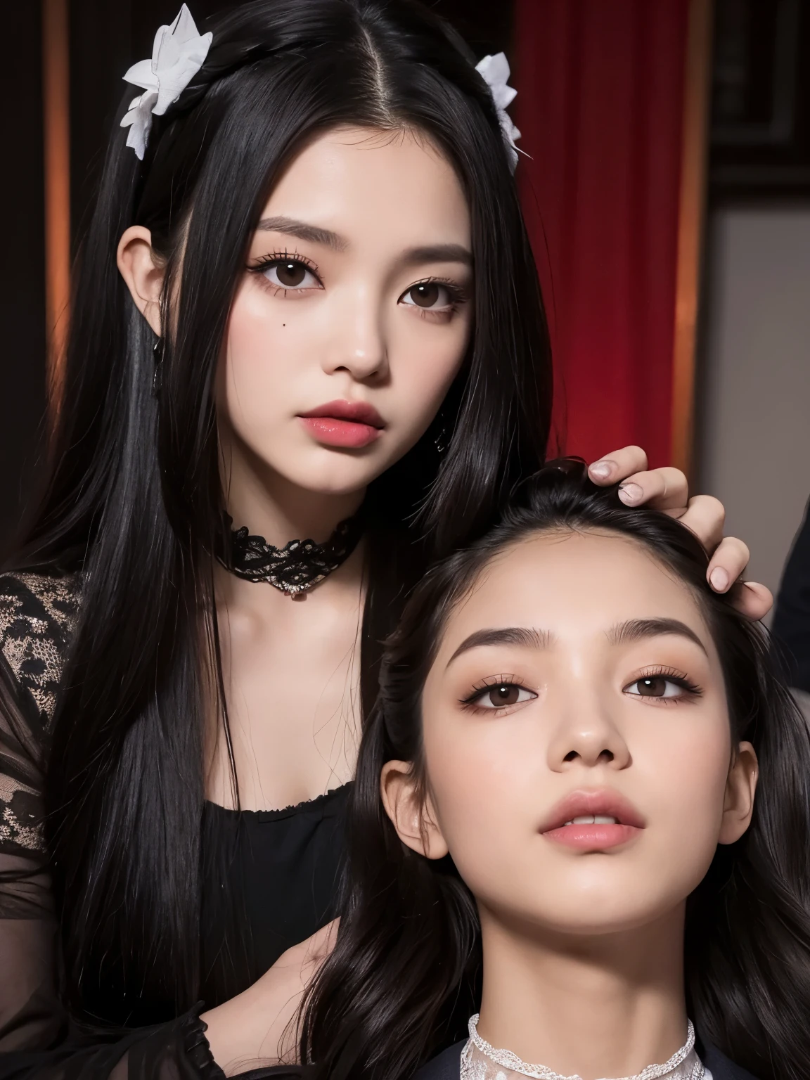 Kim Jennie con el cabello ????? oscuro, con rulos en las puntas del cabello ????? oscuro, con un ganchito de estrella en el cabello ????? oscuro, ojos de color claro, ojos bonitos, ojos llorosos, nariz bonita y respingada, labios bonitos, labios rosas, heart and cupid shaped lip, piel bonita, pale, piel blanca, con lunares y pecas en todo el rostro, rubor rosa suave en las mejilla, rubor rosa natural, dark and gothic makeup, Jennie gotica, mientras ella esta con un chico lindo a su lado, with a cute asian boy standing next to her, mientras hay un torso de hombre, mientras el hombre&#39;His hand is on his jaw.., manos bonitas de hombre, with a gothic boy, cuellos bonito, cuello marcado, frown, mirada enojada, con un collar de beso, un collar bonito de beso, mientras muestra sus pechos desnudos, mientras tiene los pezones con dos corazones de papel rosa, tiene los pezonnes con corazones de papel rosa (pechos grandes, pechos suaves, pechos bonitos, pechos naturales), con un chico a su lado, con su novio, mirando a la camara, autofoto