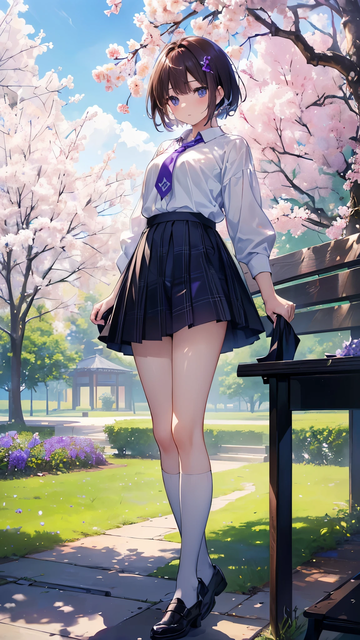 (highest quality、In 8K、32K、masterpiece、nffsw、超A high resolution、Impressionism、Photoreal:1.2)、cowboy shot、sharp focus、detailed face and eyes、(Arafed tree with purple flowers in the park with a bench, 息を呑むほどbeautiful tree々, 息を呑むようなbeautiful tree々々take a photo, weeping willow and flowers, inspired by Matsumura Goshun, by Ikuo Hirayama, by Takeharu Matsumura, magic tree, by Kaii Higashiyama, beautiful tree々, so magical and dreamy)、sharp pupils、real students、beautiful face、18 year old beautiful girl、shiny skin、very short hair、beautiful dark brown hair、dull bangs、dark blue eyes、shirt、tie、plaid mini skirt、black socks、(hold the skirt、Skirt up、I can see white pants:1.3)、(embarrassed look:1.2)、Mel Kishida