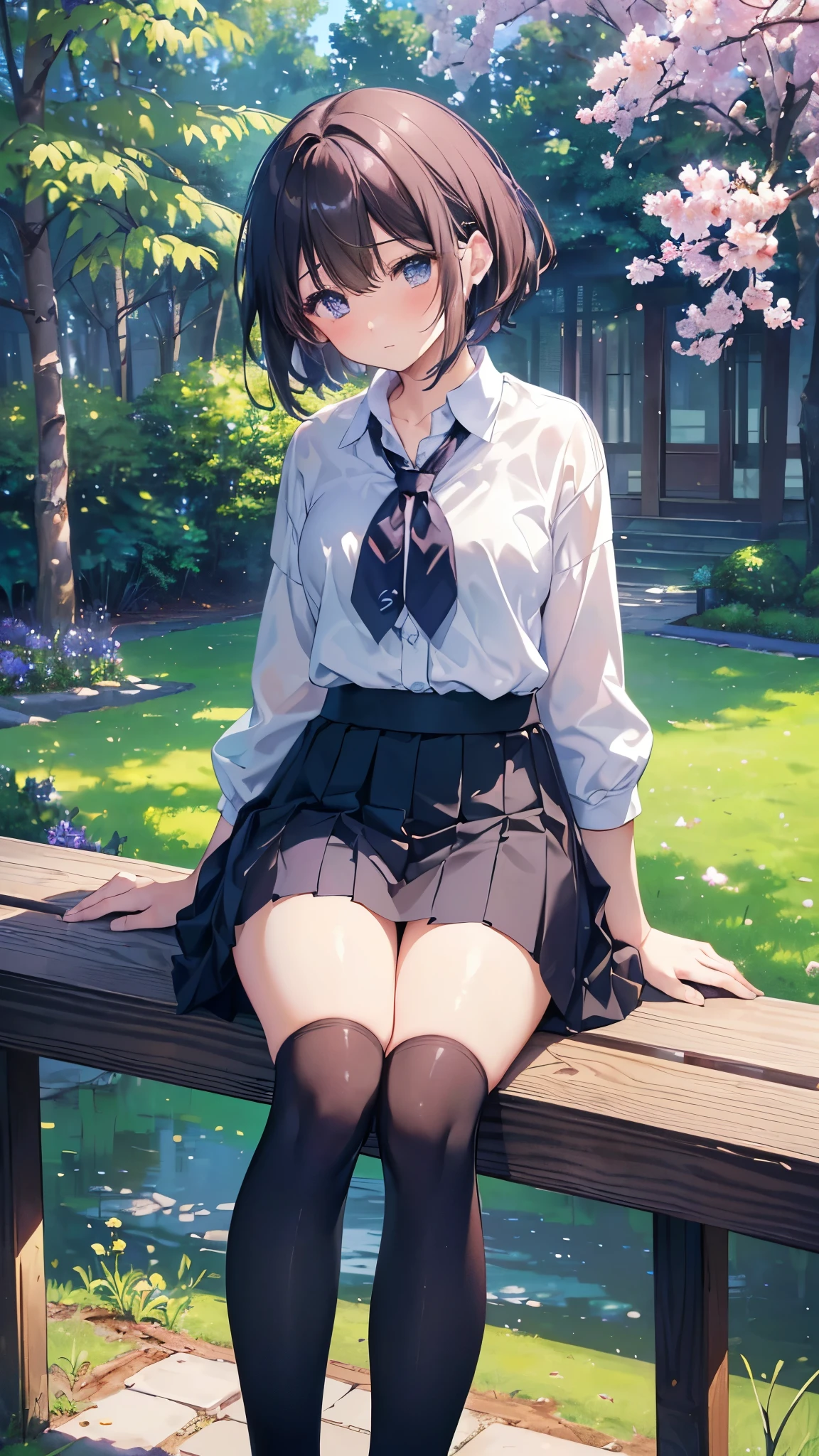 (highest quality、In 8K、32K、masterpiece、nffsw、超A high resolution、Impressionism、Photoreal:1.2)、cowboy shot、sharp focus、detailed face and eyes、(Arafed tree with purple flowers in the park with a bench, 息を呑むほどbeautiful tree々, 息を呑むようなbeautiful tree々々take a photo, weeping willow and flowers, inspired by Matsumura Goshun, by Ikuo Hirayama, by Takeharu Matsumura, magic tree, by Kaii Higashiyama, beautiful tree々, so magical and dreamy)、sharp pupils、real students、beautiful face、18 year old beautiful girl、shiny skin、very short hair、beautiful dark brown hair、dull bangs、dark blue eyes、shirt、tie、plaid mini skirt、black socks、(hold the skirt、Skirt up、I can see white pants:1.3)、(embarrassed look:1.2)、Mel Kishida