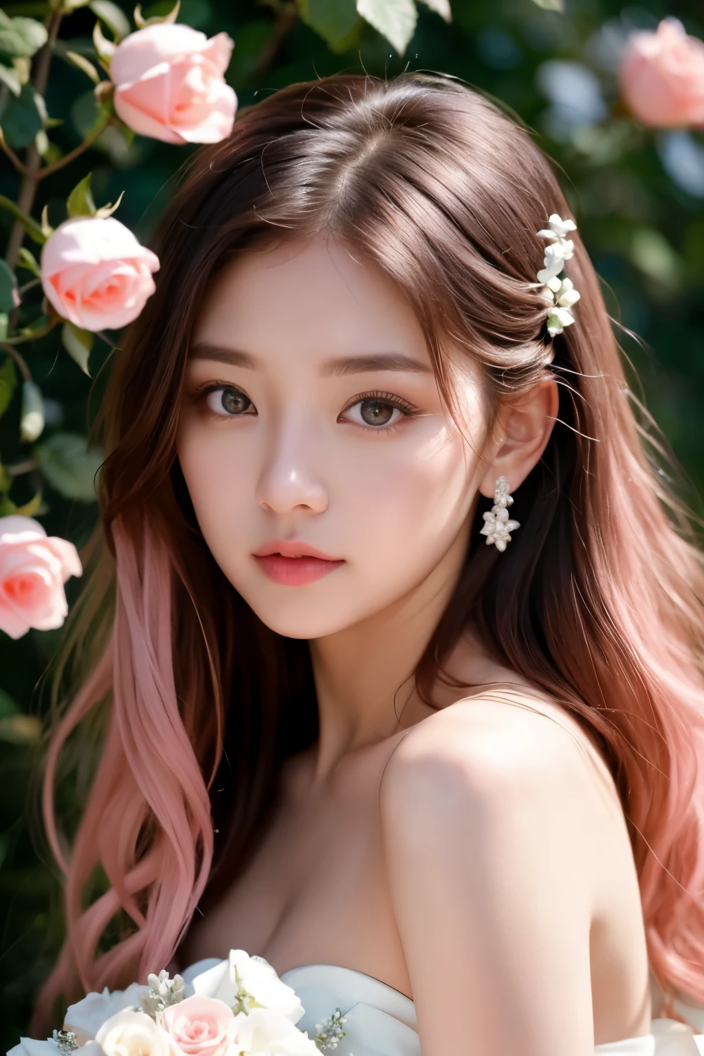 {{NSFW}},((highest quality、In 8K、masterpiece:1.1)),(natural light),(glowing:1.4),(lighting forward),1 woman in Japan、japanese woman、28 year old adult woman、japanese girl、long pink hair swaying in the wind、long-haired pink color、bob hair、ピンク色hair、Hair dyed pink、red hair、桃色hair、Woman with dark eyes、Drooping eyes、drooping eyes、cute big eyes、Beautiful double eyes、cute face、delicate and beautiful skin、human-like skin、Realistic skin feel、複雑な色hair、complicated hairstyle、luster々hair、looking at camera、A woman looking slightly upwards、double round big eyes、very delicate eyes、super detailed face、High-definition lips、thick lips、emphasize the face、clear white skin、beautiful white woman、above the knee、白いWedding dress、Wedding dress、wedding style、A woman surrounded by beautiful blue flowers、A woman surrounded by many blue roses、A rose so blue that a woman can't see it、