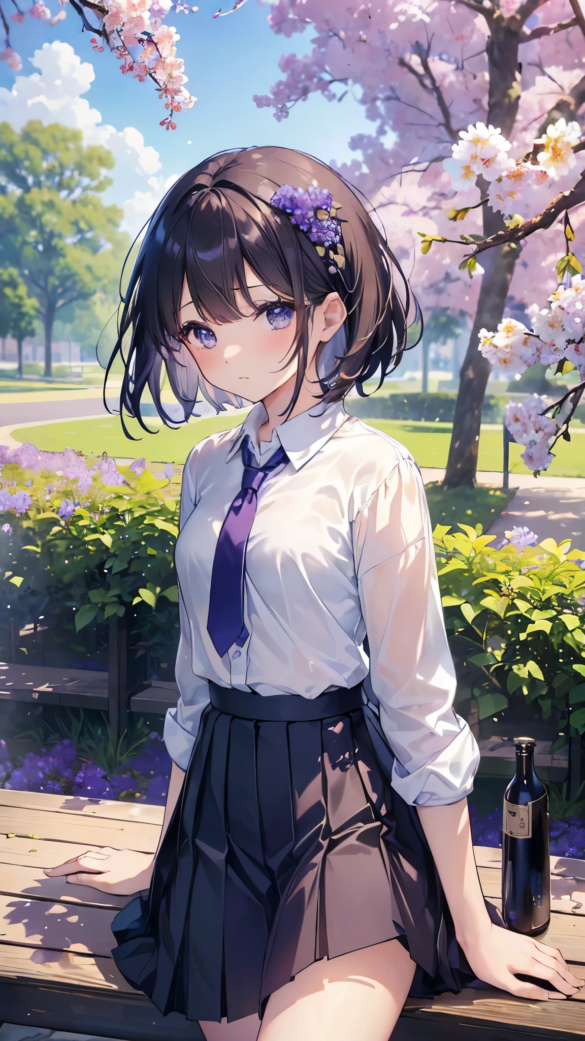 (highest quality、In 8K、32K、masterpiece、nffsw、超A high resolution、Impressionism、Photoreal:1.2)、cowboy shot、sharp focus、detailed face and eyes、(Arafed tree with purple flowers in the park with a bench, 息を呑むほどbeautiful tree々, 息を呑むようなbeautiful tree々々take a photo, weeping willow and flowers, inspired by Matsumura Goshun, by Ikuo Hirayama, by Takeharu Matsumura, magic tree, by Kaii Higashiyama, beautiful tree々, so magical and dreamy)、sharp pupils、real students、beautiful face、18 year old beautiful girl、shiny skin、very short hair、beautiful dark brown hair、dull bangs、dark blue eyes、shirt、tie、plaid mini skirt、black socks、(hold the skirt、Skirt up、I can see white pants:1.3)、(embarrassed look:1.2)、Mel Kishida