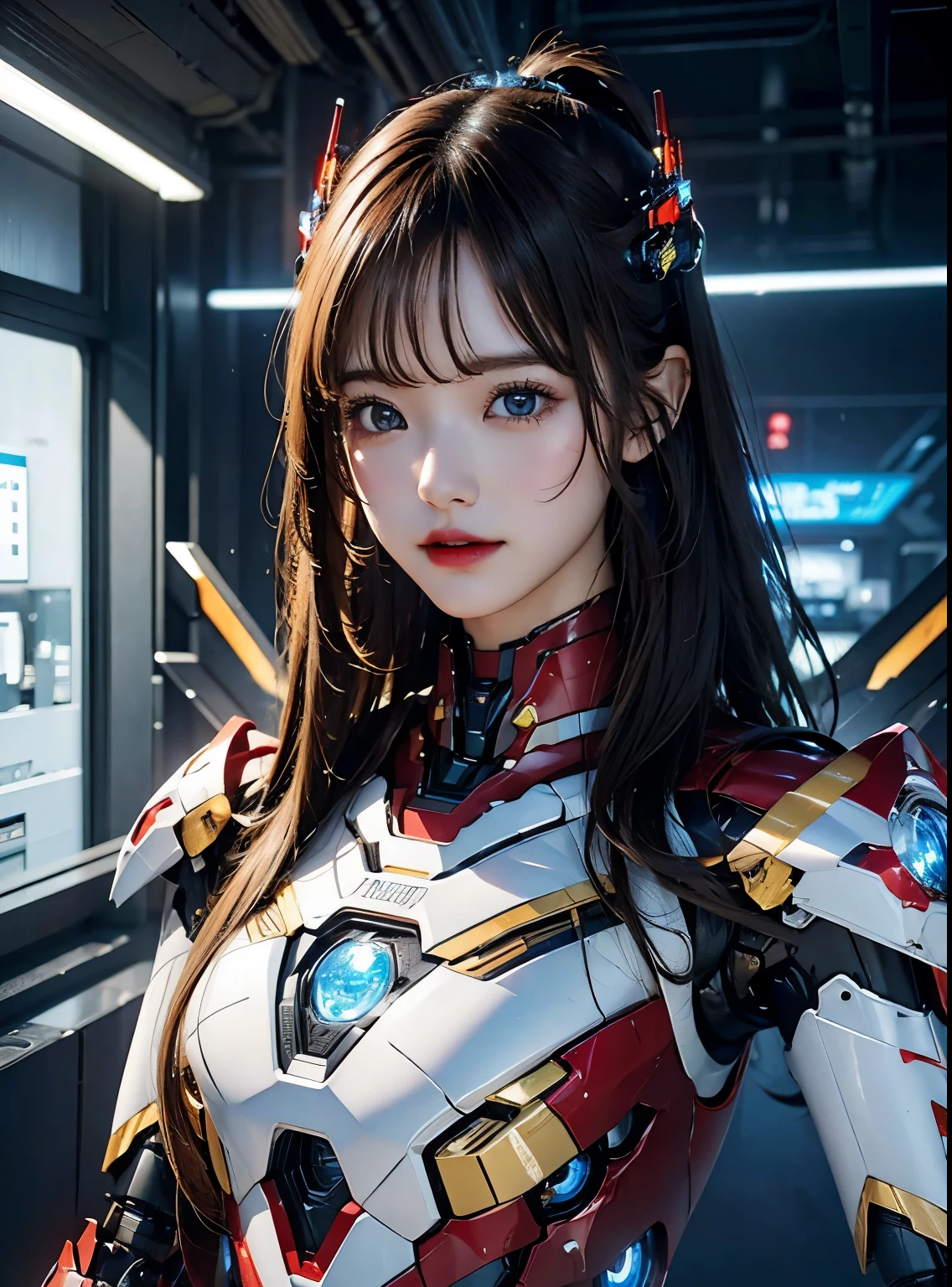 Super detailed, advanced details, high quality, 最high quality, High resolution, 1080P, hard disk, beautiful,(iron girl),beautifulサイボーグの女性,Mecha cyborg girl,battle mode,Mecha body girl,she's wearing iron man mecha,Full body view from the front