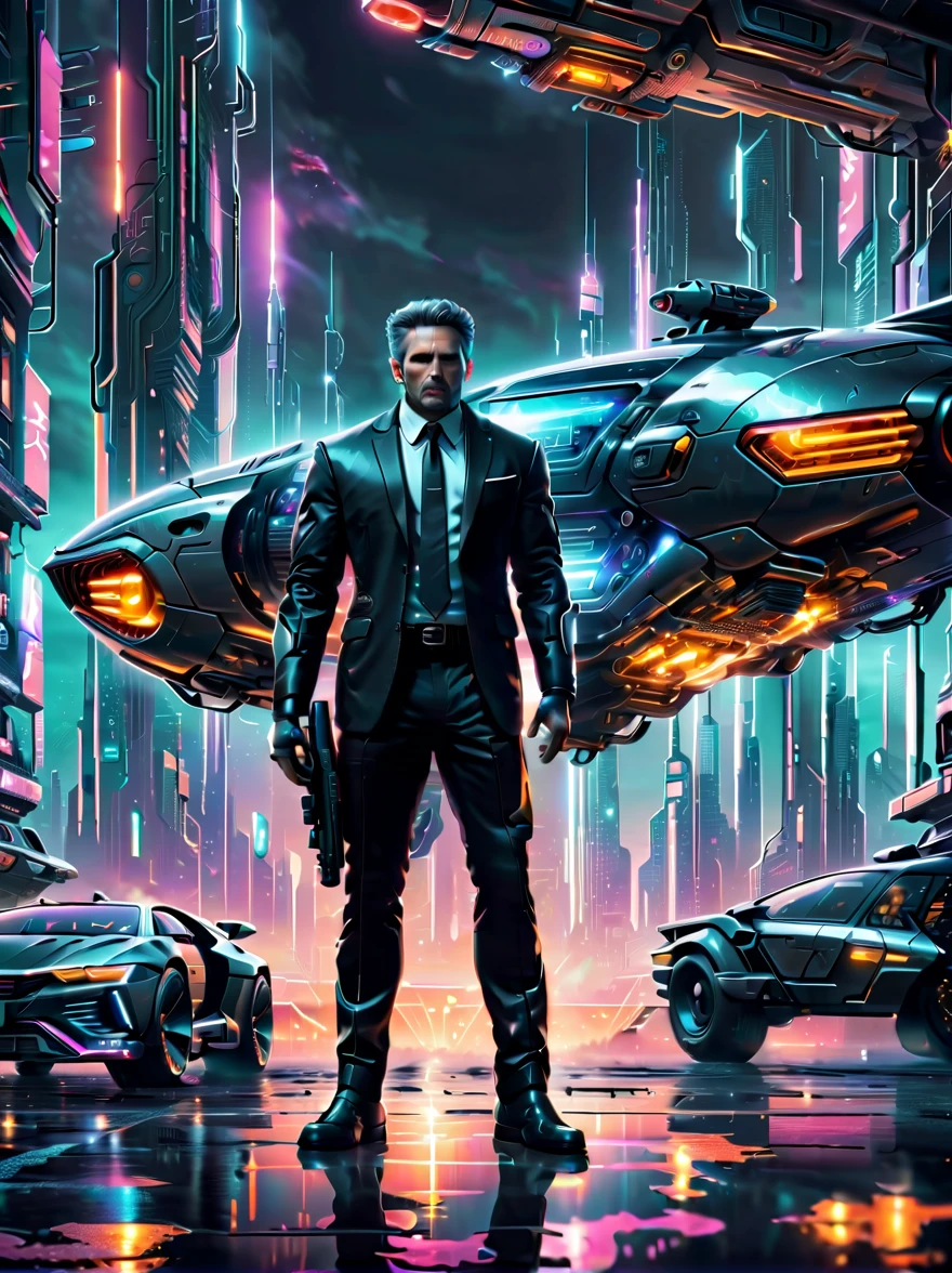 （A man in a stylish black suit:1.5），A futuristic agent equipped with exquisite weapons and equipment，The agent stood firm.，Be prepared，Showcasing a variety of high-tech equipment that is seamlessly integrated into the garments。The background should suggest a future urban landscape，Advanced technology and architecture visible。Agent&#39;s equipment includes innovative and advanced gadgets and weapons，Highlighting the advanced nature of the world they live in。The overall image should convey a sense of mystery、A sense of sophistication and cutting-edge technology。