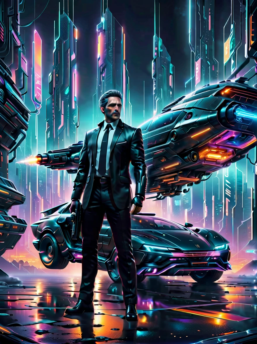 （A man in a stylish black suit:1.5），A futuristic agent equipped with exquisite weapons and equipment，The agent stood firm.，Be prepared，Showcasing a variety of high-tech equipment that is seamlessly integrated into the garments。The background should suggest a future urban landscape，Advanced technology and architecture visible。Agent&#39;s equipment includes innovative and advanced gadgets and weapons，Highlighting the advanced nature of the world they live in。The overall image should convey a sense of mystery、A sense of sophistication and cutting-edge technology。