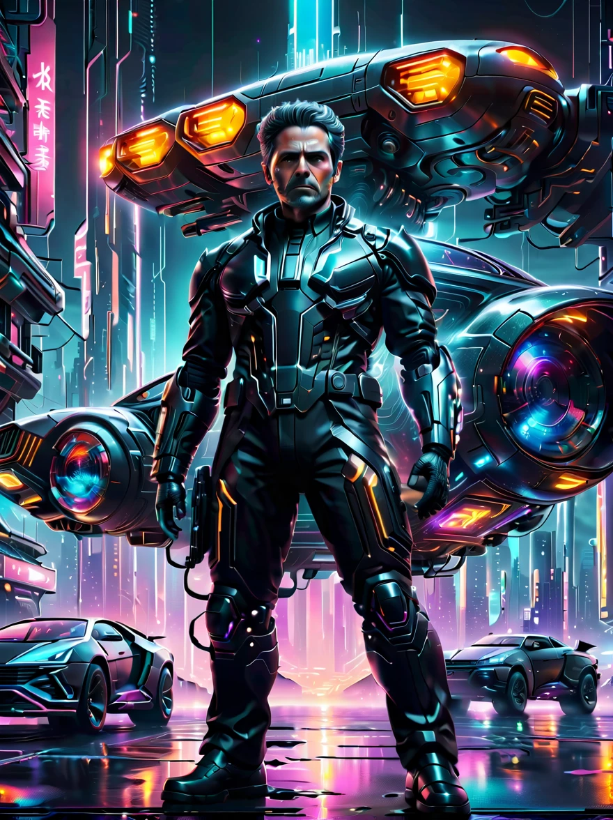 （A man in a stylish black suit:1.5），A futuristic agent equipped with exquisite weapons and equipment，The agent stood firm.，Be prepared，Showcasing a variety of high-tech equipment that is seamlessly integrated into the garments。The background should suggest a future urban landscape，Advanced technology and architecture visible。Agent&#39;s equipment includes innovative and advanced gadgets and weapons，Highlighting the advanced nature of the world they live in。The overall image should convey a sense of mystery、A sense of sophistication and cutting-edge technology。