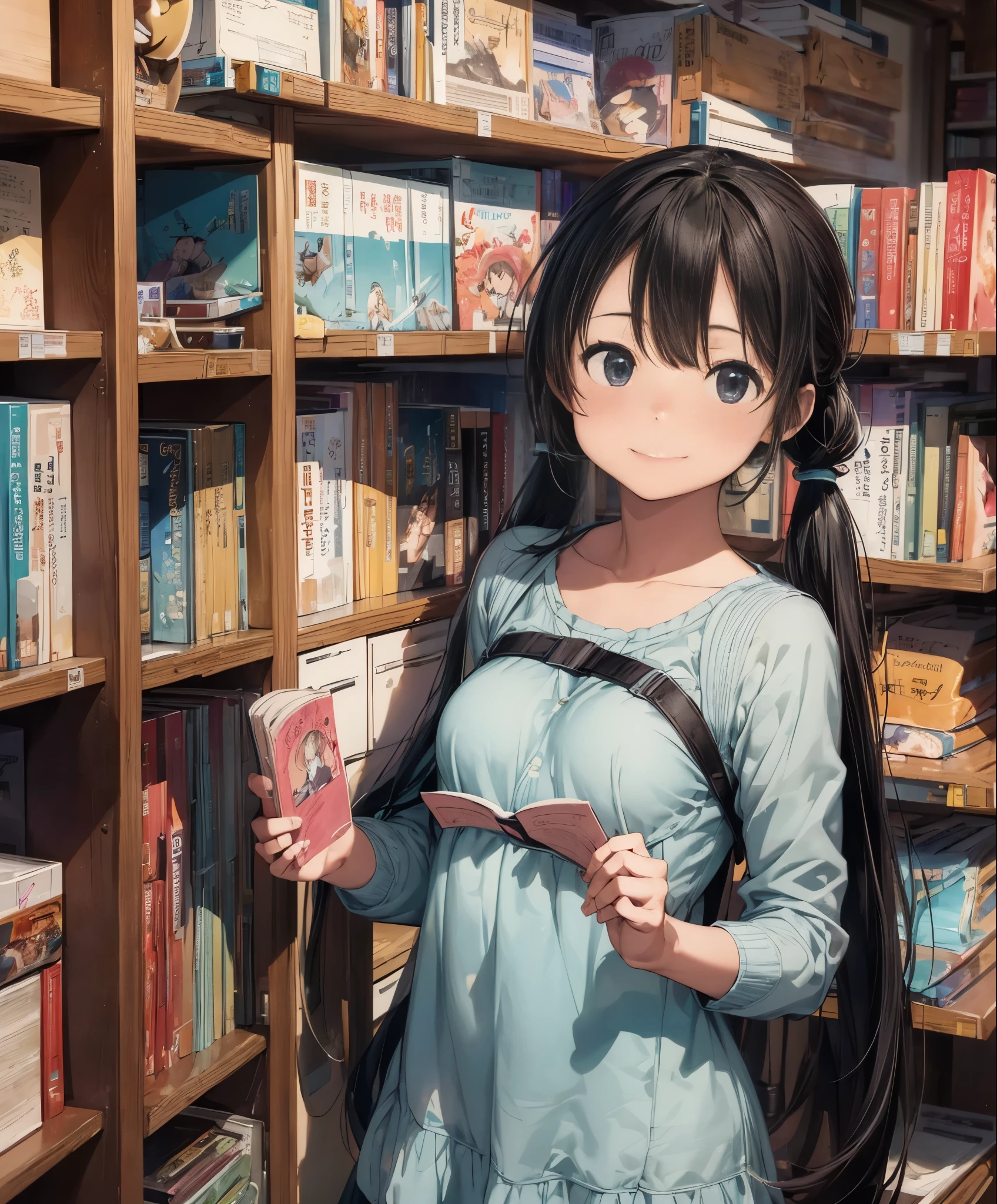(masterpiece、highest quality、highest quality、official art、beautiful beautiful:1.2)、(1 girl:1.3)Hatsune Miku、twin tails,library、I read a book、beautiful breasts、Large bookshelf