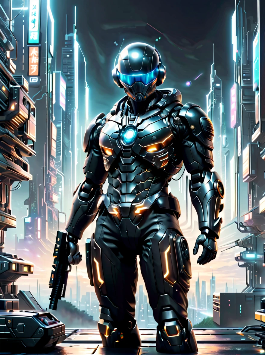 Depicts a person wearing a stylish black suit、A futuristic agent equipped with exquisite weapons and equipment。The agent stood firm.，Be prepared，Showcasing a variety of high-tech equipment that is seamlessly integrated into the garments。The background should suggest a future urban landscape，Advanced technology and architecture visible。Agent&#39;s equipment includes innovative and advanced gadgets and weapons，Highlighting the advanced nature of the world they live in。The overall image should convey a sense of mystery、A sense of sophistication and cutting-edge technology。