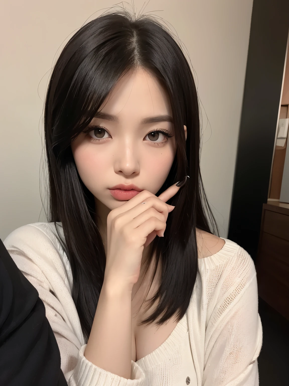 Kim Jennie con el cabello negro oscuro, con rulos en las puntas del cabello negro oscuro, con un ganchito de estrella en el cabello negro oscuro, ojos de color claro, ojos bonitos, ojos llorosos, nariz bonita y respingada, labios bonitos, labios rosas, heart and cupid shaped lip, piel bonita, pale, white skin, con lunares y pecas en todo el rostro, rubor rosa suave en las mejilla, rubor rosa natural, dark and gothic makeup, Jennie gotica, mientras ella esta con un chico lindo a su lado, with a cute asian boy standing next to her, mientras hay un torso de hombre, mientras el hombre&#39;His hand is on her jaw., manos bonitas de hombre, with a gothic boy, cuellos bonito, cuello marcado, frown, mirada enojada, con un collar de beso, un collar bonito de beso, mientras muestra sus pechos desnudos, mientras tiene los pezones con dos corazones de papel rosa, tiene los pezonnes con corazones de papel rosa (pechos grandes, pechos suaves, pechos bonitos, pechos naturales), con un chico a su lado, con su novio, mirando a la camara, autofoto
