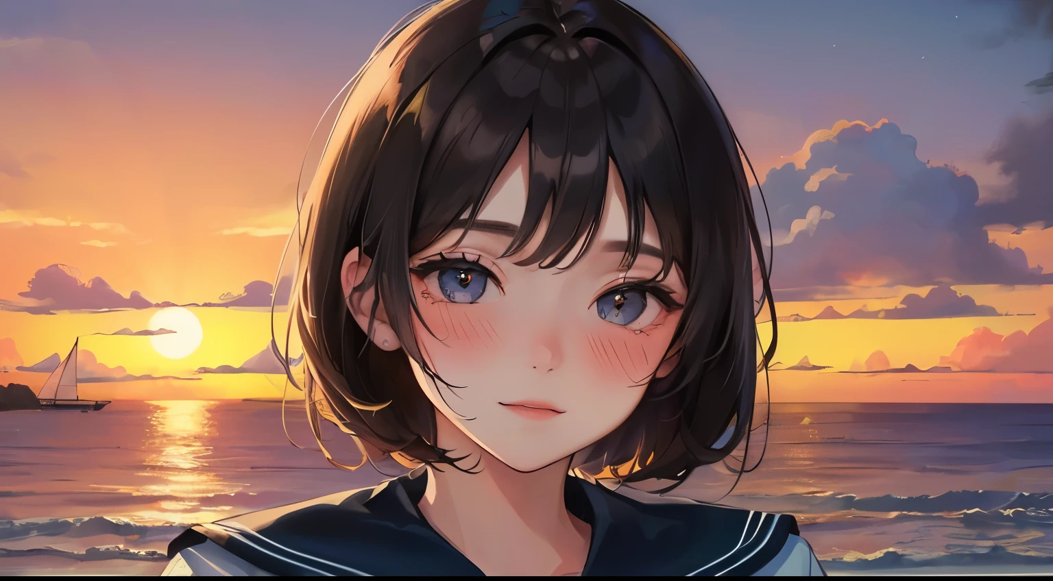 Masterpiece,best quality,  (((Evening sea background))), determined expression, sailor suit、
(((1 woman)))、(highest resolution、clear_image)、 (((blush))、best quality、((short hair)), (((sunset)))、contrast of light and shadow、((illumination))、very detailed、semi-realistic、Black shorthair、shy smile、bangs、20-year-old、office　Lady,,young、((View from the front))、delicate facial features facial features、
