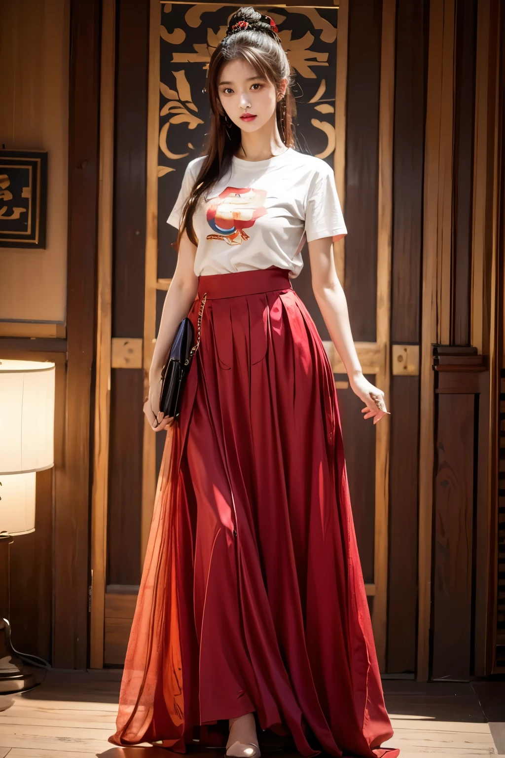 model，whole body，front，stand，upright，t-shirt，印花t-shirt，Deconstructivism，t-shirt变形，Taobao style，红色t-shirt，national style，plate buckle，彩色t-shirt，horse face skirt，古风horse face skirt，black long skirt，红色t-shirt上身