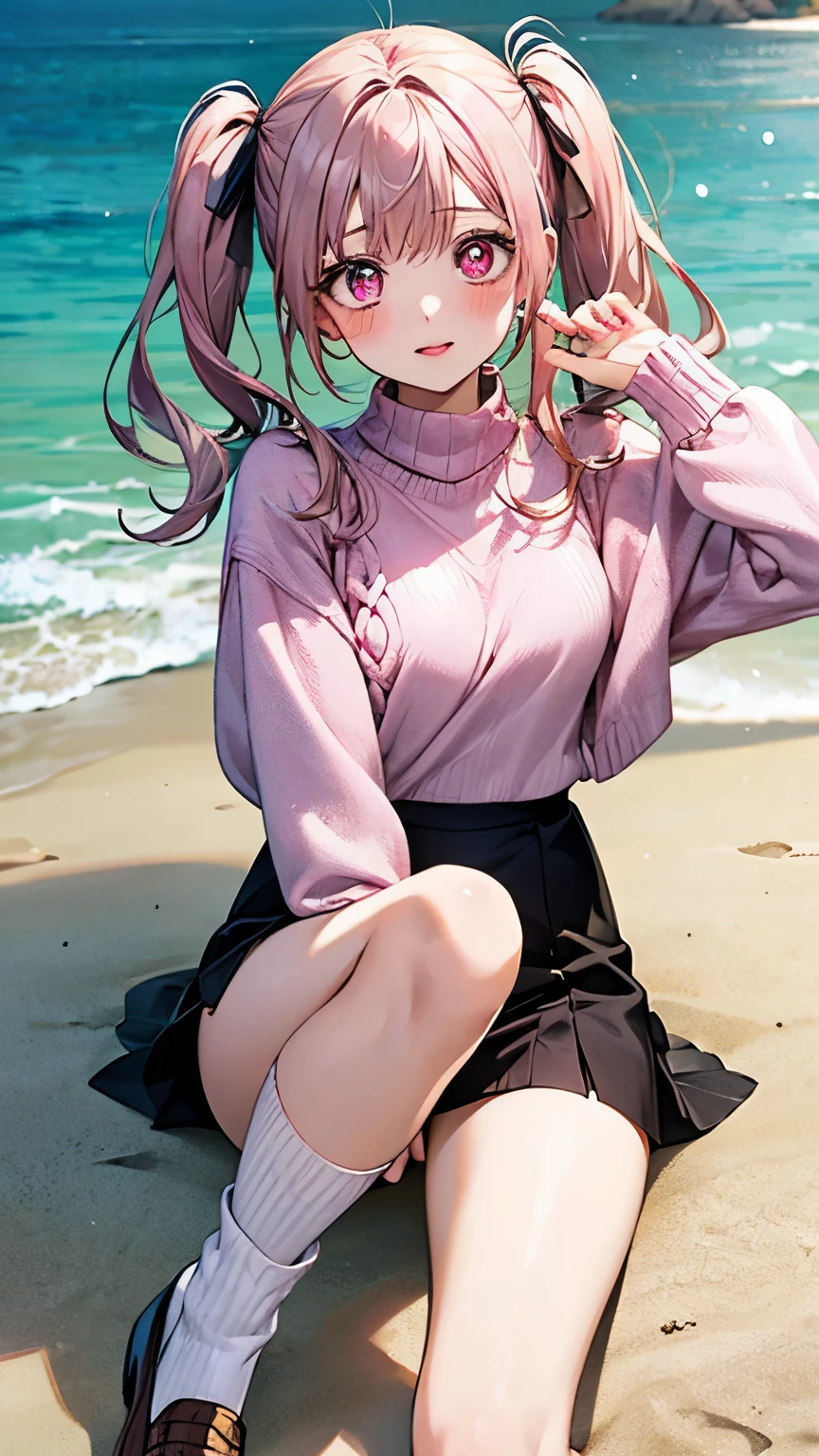 high quality masterpiece UHD, cute girl, Pink eyes big eye, glossy lip, pink Twin tails, Raise Right Leg, Sweater, cute Mini skirt, Knee-high Socks loafers, beach