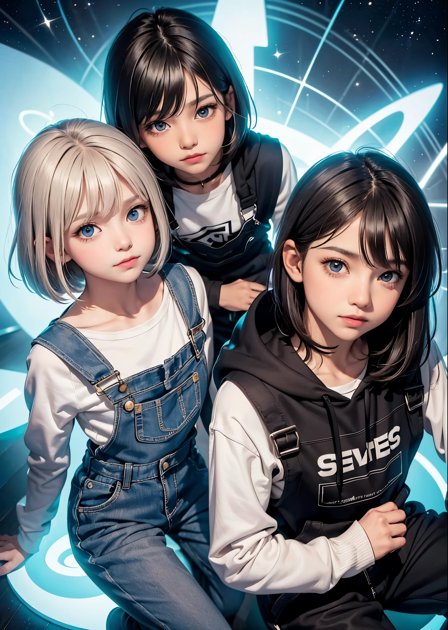 2 boys,beautiful boys,, smile,bob hair,straight hair,cut bangs,(Light brown and black two-tone hair 1.2),(Eye color is light blue1.2),realistic,cute face,wearing a hoodie、Wear overalls pants、floating in the air, Milky Way, interstellar, solar system, cosmic energy,Bright colors,bright lighting,high contrast,Highlight the diagram,Super high quality,masterpiece,