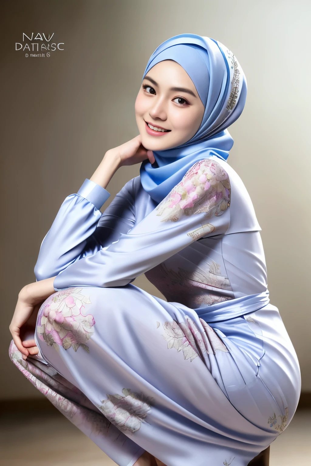 Luna Maya, (RAW photo:1.2), (photorealistic:1.4),(masterpiece:1.3),(best quality:1.4),ultra high res,(detailed eyes),(detailed facial features),(detailed clothes features),HDR,8k resolution, skin tight, (((high detailed skin,visible pores))), dreamlike, (ulzzang-6500-v1.1:0.5),pureerosface_v1:0.2, face close-up, 1 girl, tall body, slim faces, body abs:1.2, , 30 years old, gigantic breast, wearing tight close pastel floral silk malay gamis with hijab, full body, beautiful shy smile, wearing high heels