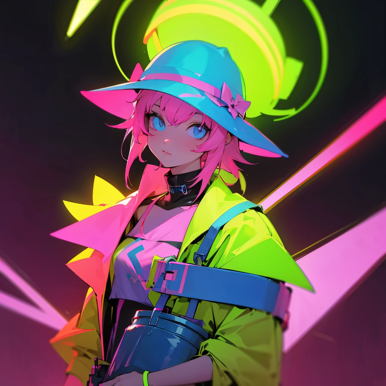 Neon person wearing neon clothes and a neon bucket hat