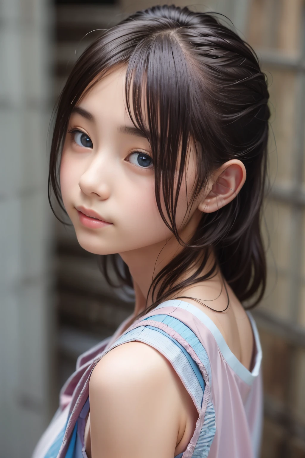 Best image quality, focus, soft light, 15 years old, ((Japanese)), (sleeveless), (((front, young face))), (depth of field), super high resolution, (realistic: 1.4 ) , RAW photo, from above, upper body