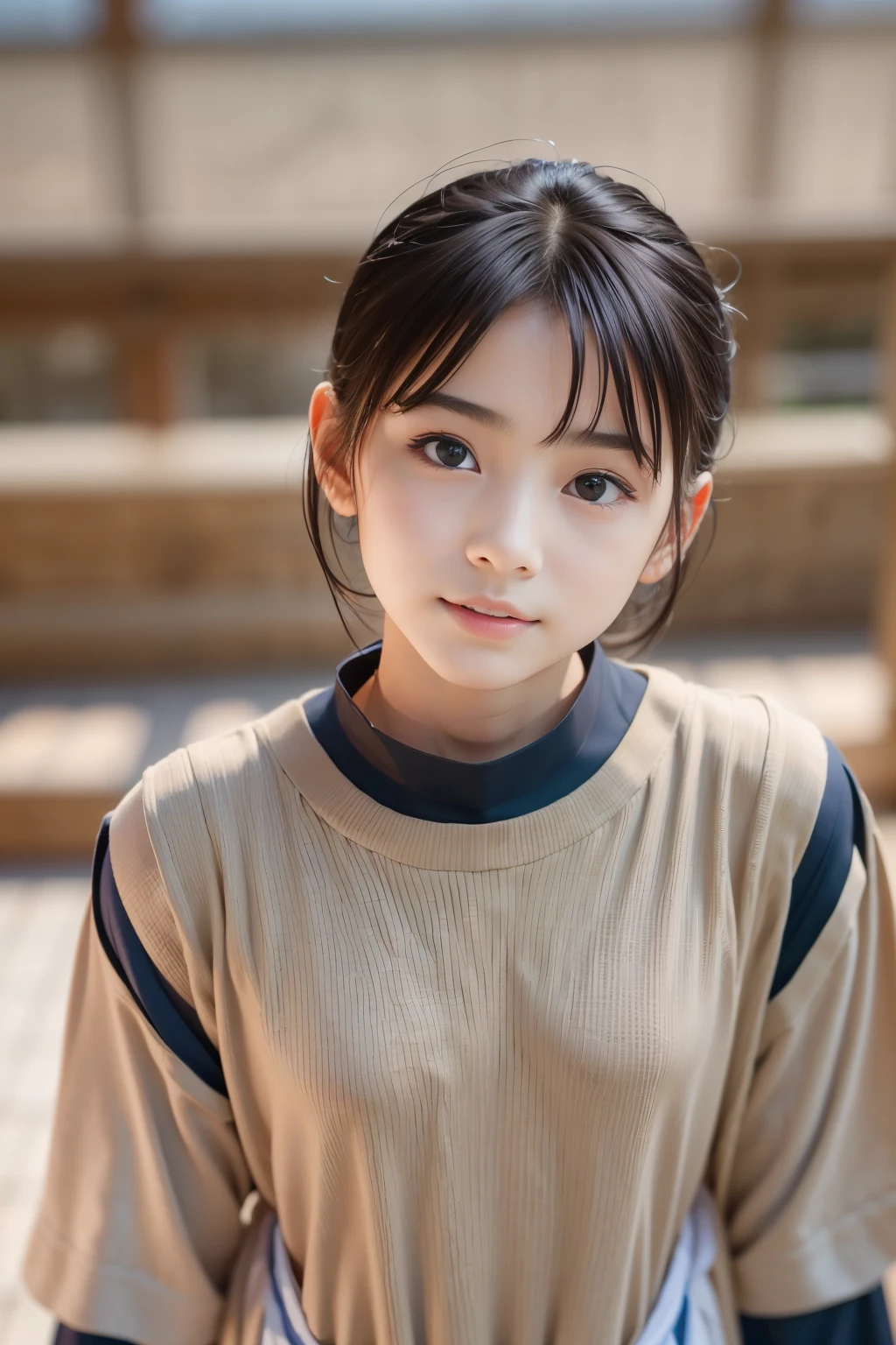 Best image quality, focus, soft light, 15 years old, ((Japanese)), (sleeveless), (((front, young face))), (depth of field), super high resolution, (realistic: 1.4 ) , RAW photo, from above, upper body