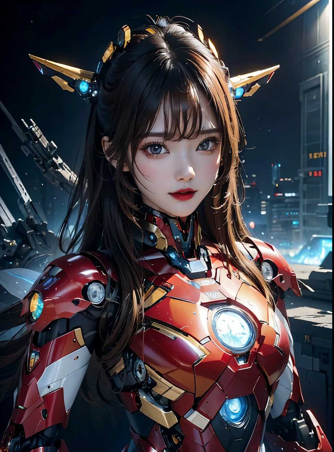  Super detailed, advanced details, high quality, 最high quality, High resolution, 1080P, hard disk, beautiful,(iron girl),beautifulサイボーグの女性,Mecha cyborg girl,battle mode,Mecha body girl,she&#39;s wearing iron man mecha,buckshot