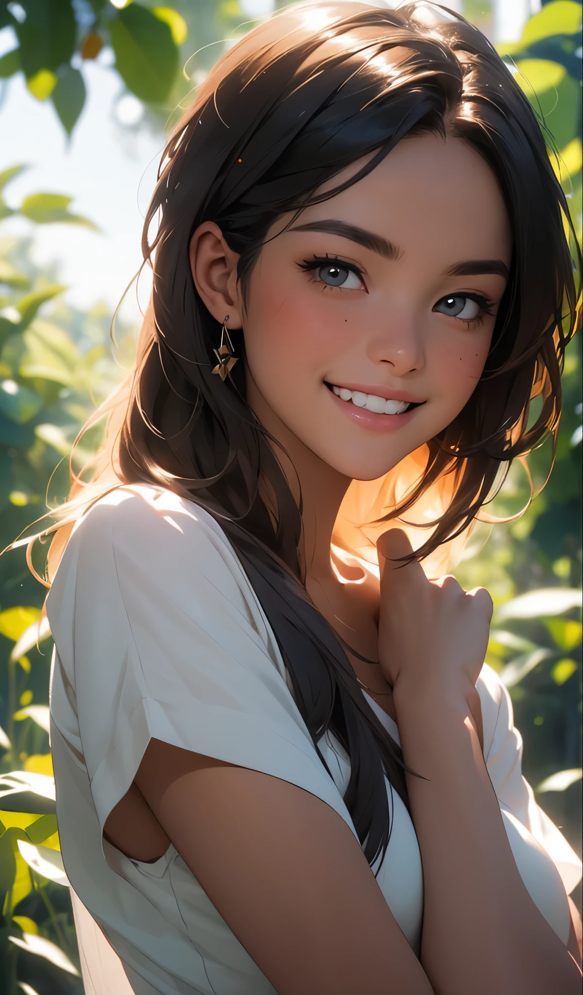 woman posing for a photo, Laugh, Happy, Long hair, Straight hair, finely detailed skin, During the day, A hot summer day, Nature lighting, detailed face:1.2, sharp focus, Hasselblad photography, masterpiece, Light makeup, cinematic lighting, 4k, best quality