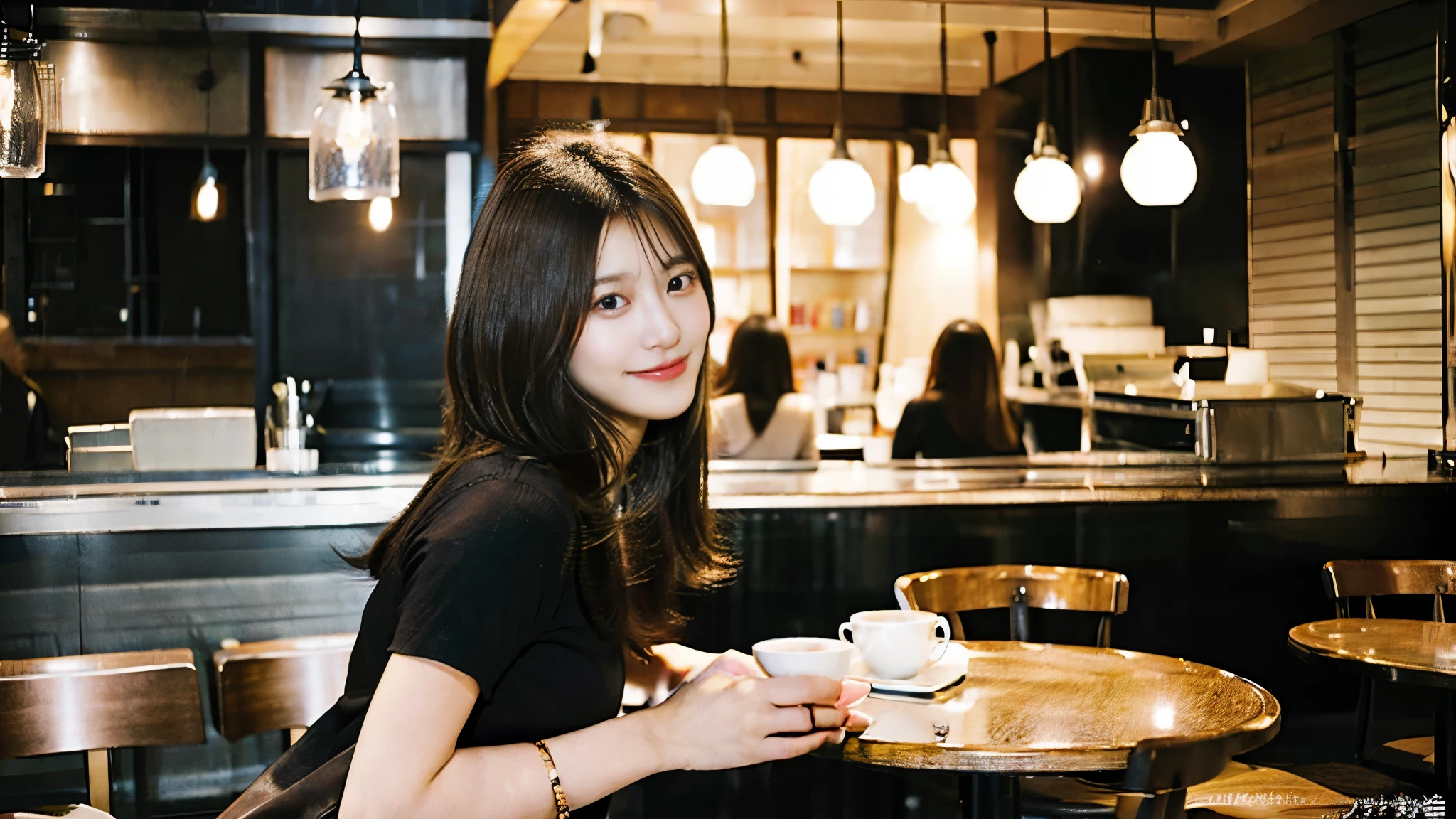 In a café in New York、A beautiful model-like woman is depicted as a Japanese female college student.。She has medium short brown hair.、I spread out my textbooks and notebooks on the table and study seriously.。The cafe is also crowded with other customers.、There is a lively atmosphere full of life.。In the background、You can see multiple staff working at the counter.、Makes the atmosphere of a city cafe more realistic。This scene is、Capturing the moment of a female college student who combines hard work and beauty.。
