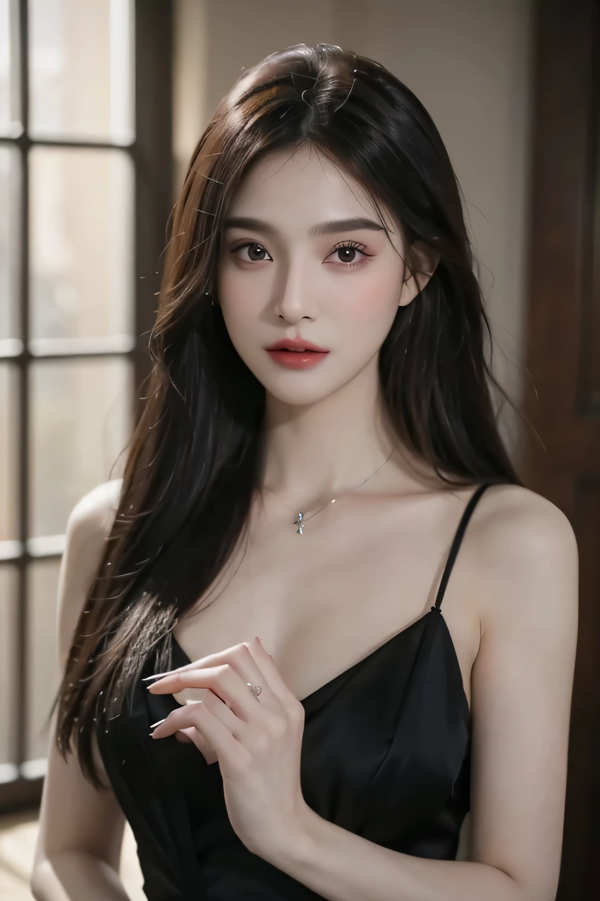 Gothic woman,blood dripping from his mouth,beautiful vampire queen, vampire girl, gothic horror vibes, Beautiful female vampire queen, Art in the Guwitz style, Dark fantasy meets realism,glossy lips、超详细的Face、Detailed lips、exquisite eyes、double eyelids、ear nipple ring、bracelet、small necklace、heterochromia iridis, thick eyebrows、(huge :1.3)、((whole body Esbian))、(Face),(dark eye shadow)、((1 female))、(In a dimly lit room in the castle)、low key lighting、8k,masseter membrane、Detailed facial expressions、Natalie Portman、Pendragon, Algeria (destiny),Know,Blonde pixie hair,whole body照、mystery, on the table, best quality, super quality, high quality, actual, photorealism, original photo, super detailed, intricate details,(whole body:1.3),(Black suspenders,V-neck,low cut)