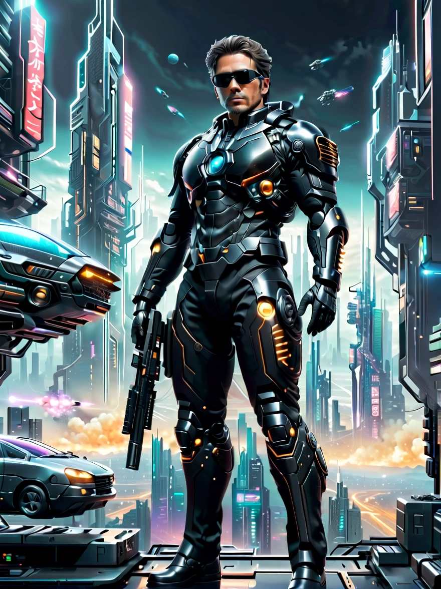 Depicts a man wearing a stylish black suit、A futuristic agent equipped with exquisite weapons and equipment,The agent stood firm.,Be prepared,Showcasing a variety of high-tech equipment that is seamlessly integrated into the garments。The background should suggest a future urban landscape,Advanced technology and architecture visible。Agent's equipment includes innovative and advanced gadgets and weapons,Highlighting the advanced nature of the world they live in。The overall image should convey a sense of mystery、A sense of sophistication and cutting-edge technology。