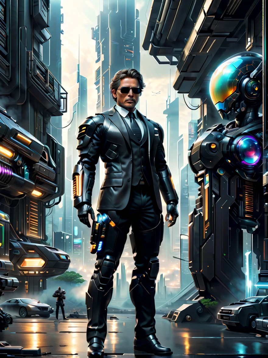 （A man in a stylish black suit:1.5），A futuristic agent equipped with exquisite weapons and equipment，The agent stood firm.，Be prepared，Showcasing a variety of high-tech equipment that is seamlessly integrated into the garments。The background should suggest a future urban landscape，Advanced technology and architecture visible。Agent&#39;s equipment includes innovative and advanced gadgets and weapons，Highlighting the advanced nature of the world they live in。The overall image should convey a sense of mystery、A sense of sophistication and cutting-edge technology。