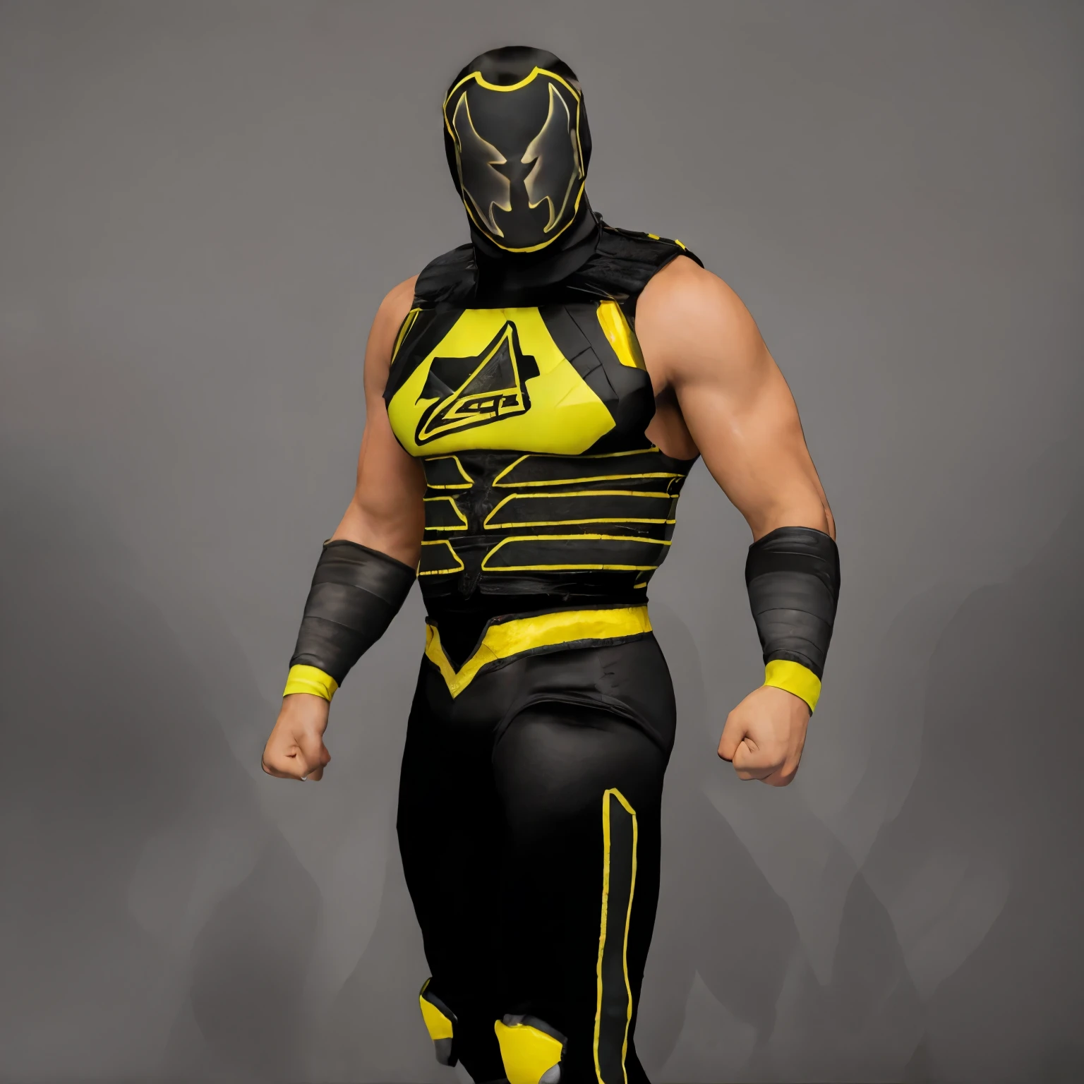 ((masterpiece, best quality)),man wrestler in a yellow and black cloth wrestling outfit with a black cloth mask, realistic arm skin , wrestler, black armor with yellow, high detail iconic character, photo realistic, intricate details