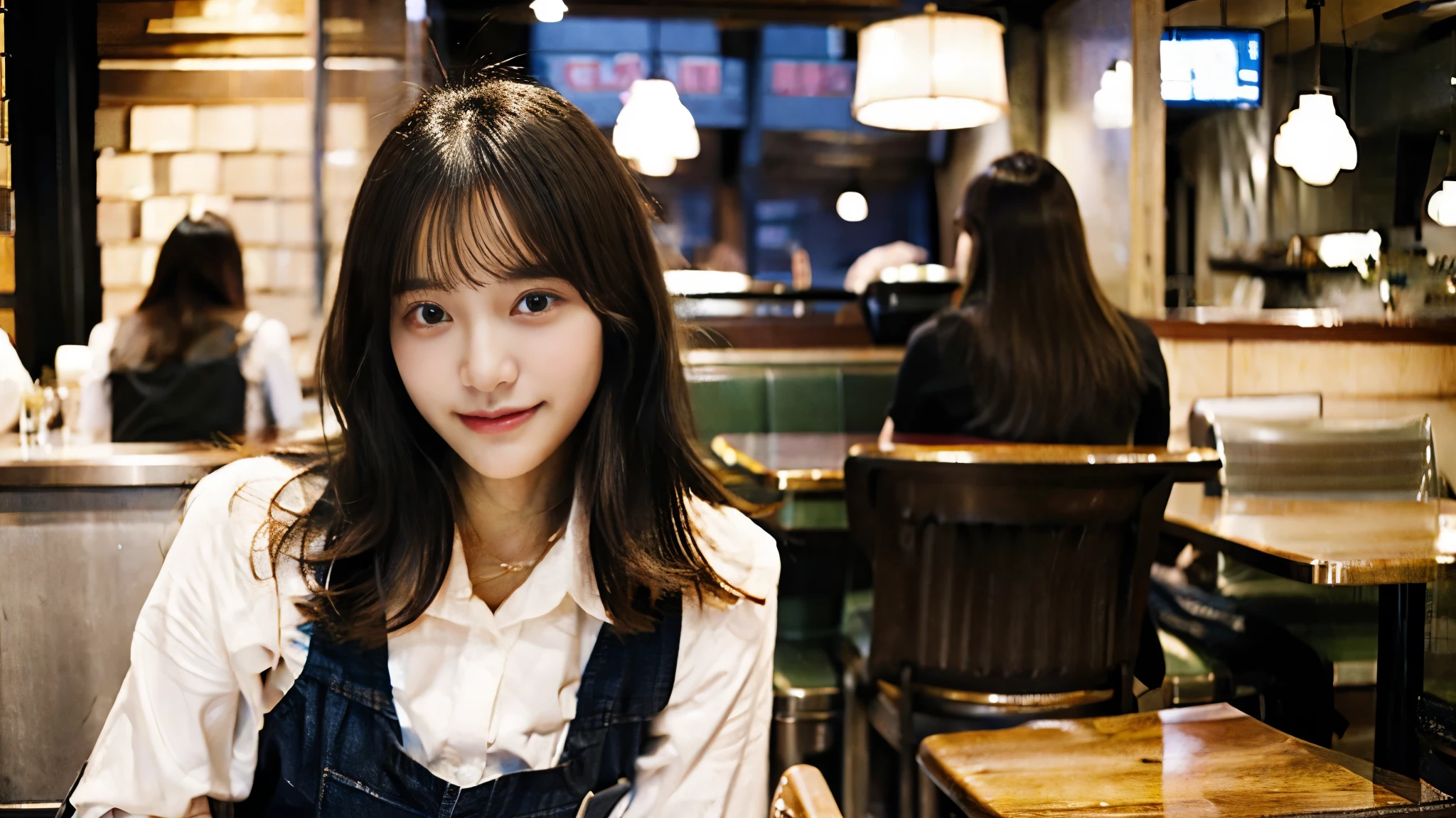 In a café in New York、A beautiful model-like woman is depicted as a Japanese female college student.。She has medium short brown hair.、I spread out my textbooks and notebooks on the table and study seriously.。The cafe is also crowded with other customers.、There is a lively atmosphere full of life.。In the background、You can see multiple staff working at the counter.、Makes the atmosphere of a city cafe more realistic。This scene is、Capturing the moment of a female college student who combines hard work and beauty.。