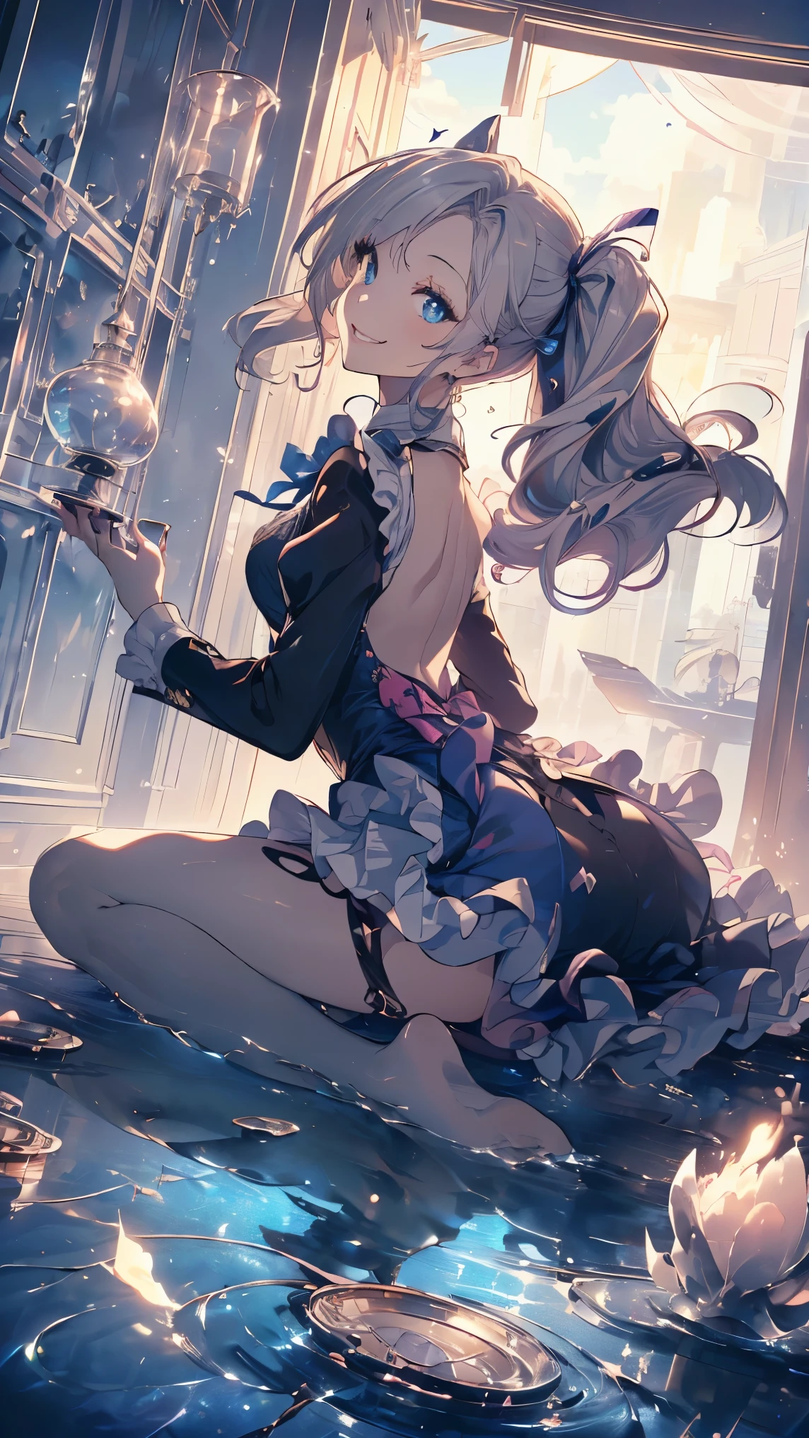 (master piece, high-quality, Mystical, long legs:1.2, ideal ratio of body proportions), (ultra high resolution, 8K RAW photo, photorealistics, natural lighting, textile shading), long shot photo:1.6, (1 beautiful anime girl:1.3, , solo:1.6, milf:1.5, nsfw:1.2, full body:1.3), shinny skin, BREAK, ((alice in the wonderland:1.3, cute, kawaii, lovely, funny, a girl falling down from sky:1.7, girl flying in sky:1.5, girl floating in air:1.3, rolling upskirt by wind:1.5, (full smiling:1.3), surprised, putting hands on crotch over the skirts:1.35)), BREAK, ((floating things as follows, PlayingCards, Trump, tea cup, tea pot, tea spoons, pocket watch:1.3, lip sticks, candies:1.2, cookies, jam bottles, classical door_keys)), ((purply_Blue dress :1.5, wearing long flaired skirt:1.3, the skirt is blowing:1.3, White Apron, white stockingedium long platinum-blonde hair:1.2, twin tail hair:1.6, tied hair with a large ribbon), (Blue eyes, bright pupils with highlights, detailed eyes), (lying down on your back:1.6, spreading legs with rising up straight:1.5), ((dutch angle:1.5, full body:1.3, ass focus:1.3, from below:1.5, unbalance posture)), fantastic colorful art, (fantasy art:1.5, wondered images), ((correct anatomy:1.5, perfect anatomy:1.3, correct hand, small foot:1.2)),