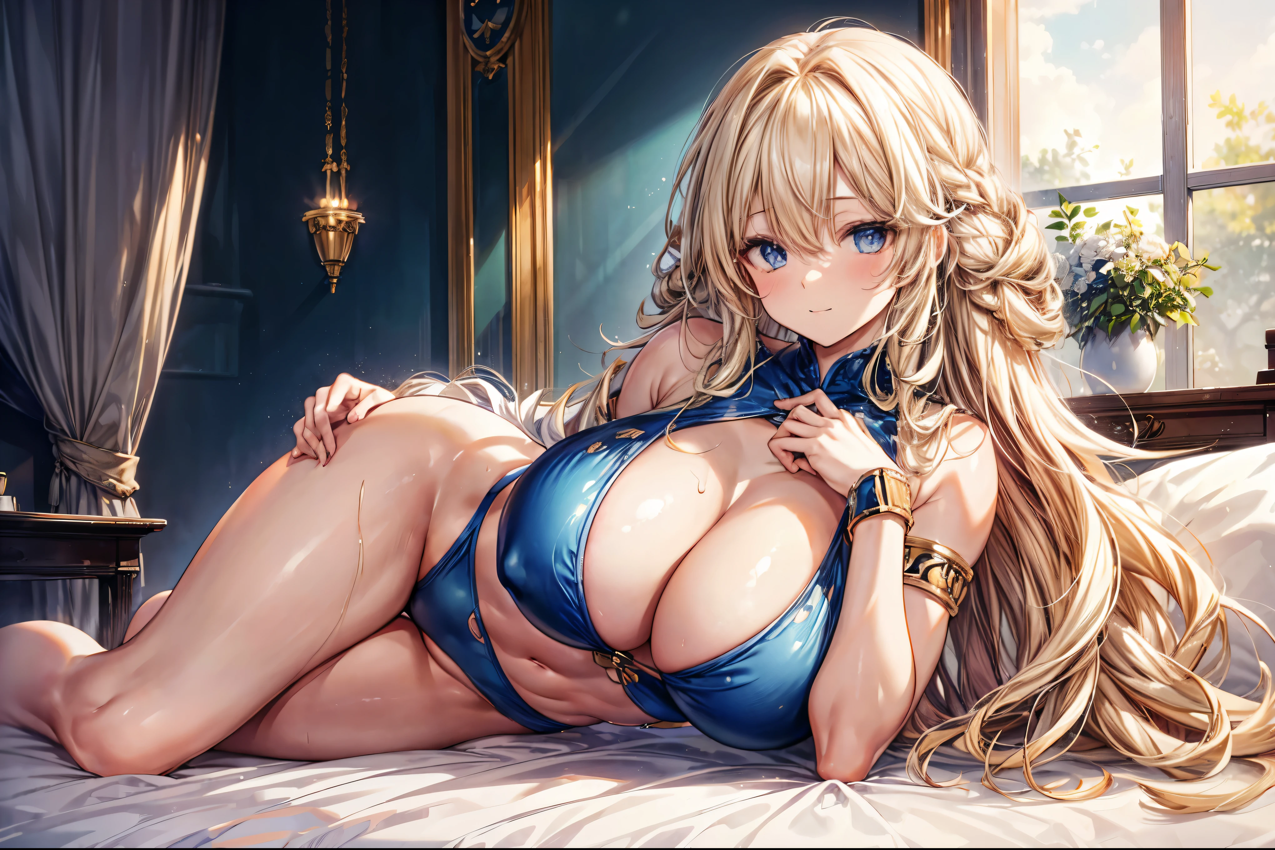 sensual, ((long blonde curly hair)), thick thighs, 8k, 4k, highest quality, High resolution:1.2), cute anime face, noise reduction, ((shining blue eyes, gentle smile, kind eyes))、toned abdominal muscles, muscular arms, muscular legs, young face, anime eyes, (((big breasts、A chest that is about to burst)))、(((whole body)))、Wearing a white high-leg cut leotard、please lie down on the bed