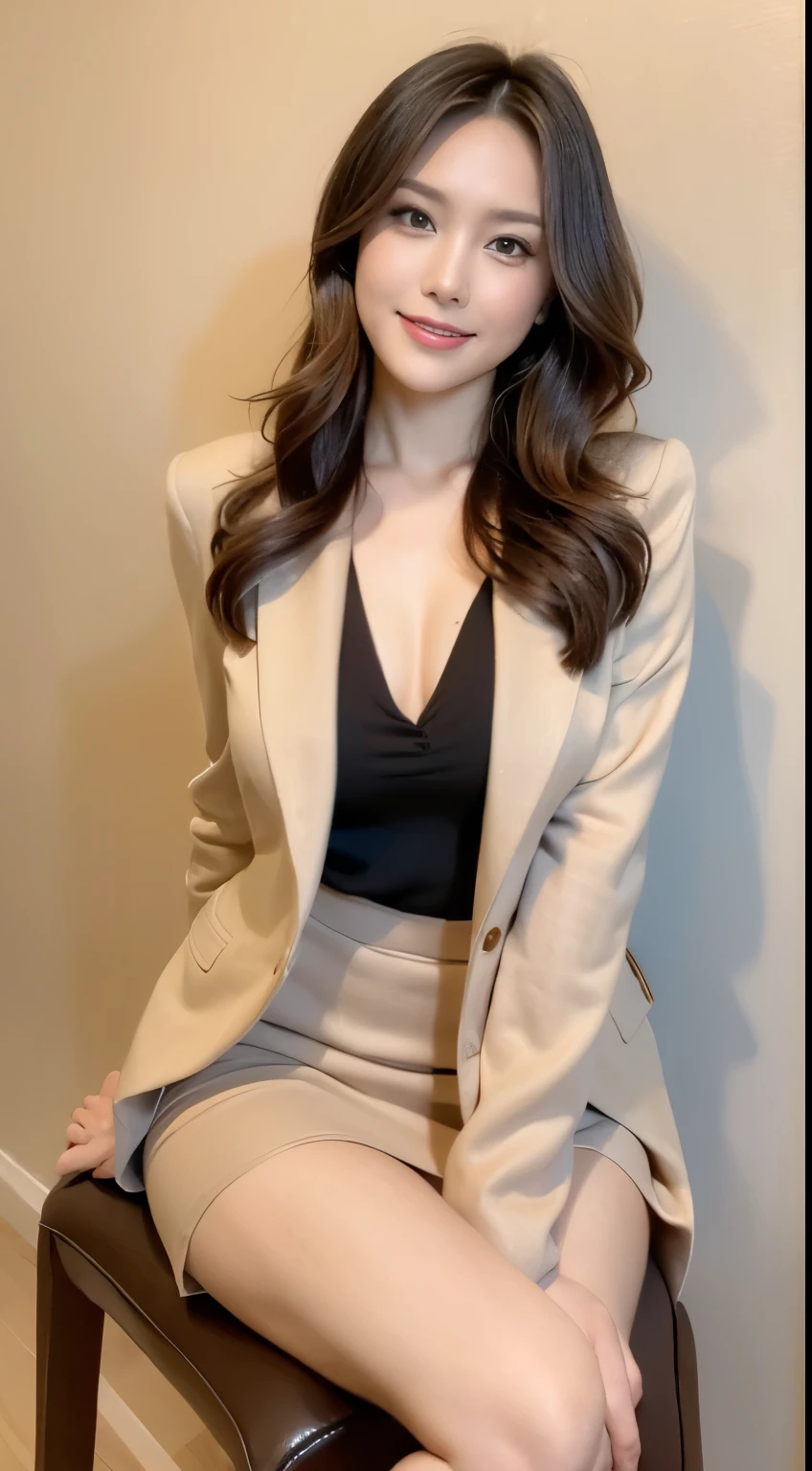 table top, highest quality, figure, super detailed, finely, High resolution, 8k wallpaper, 完璧なダイナミックな構figure, detailed and beautiful eyes, business suit,hot cut hair，natural color lip, sit on a chair and cross your legs,smile、25 year old girl，red eyeshadow，She is wearing beige stockings all over her body.，