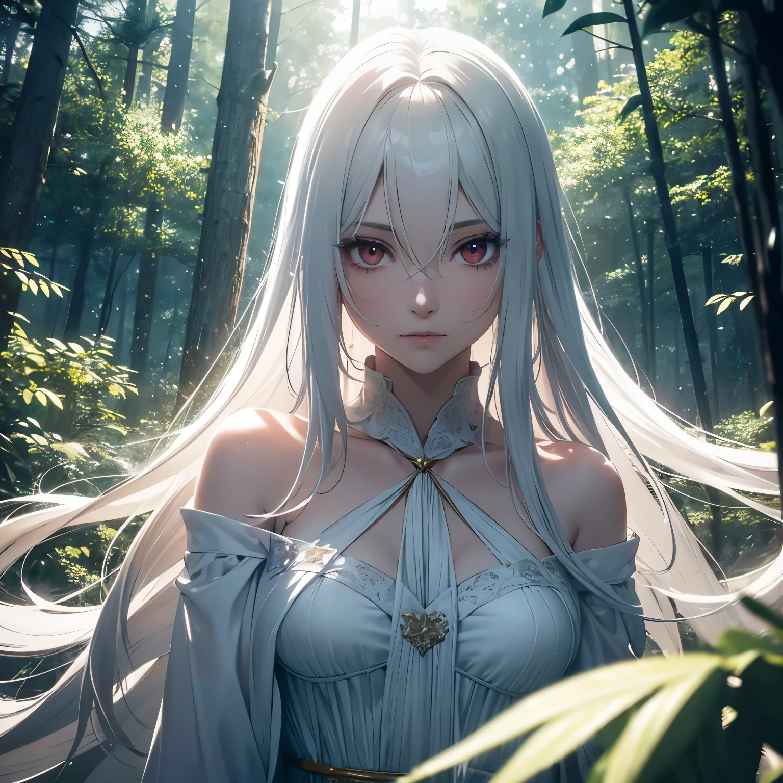beautiful girl with long white hair, Fair skin, and red eyes, In a forest with movie-like lighting, dark and little lighting. she is wearing a white dress with golden shades, her eyes focused, looking at the viewer. Her skin is white, her face is delicate and perfect, masterpiece, top quality works of art. The image is a highly detailed 8K CG wallpaper, Cinematic tones with artistic cinematic lighting and neutral filters.