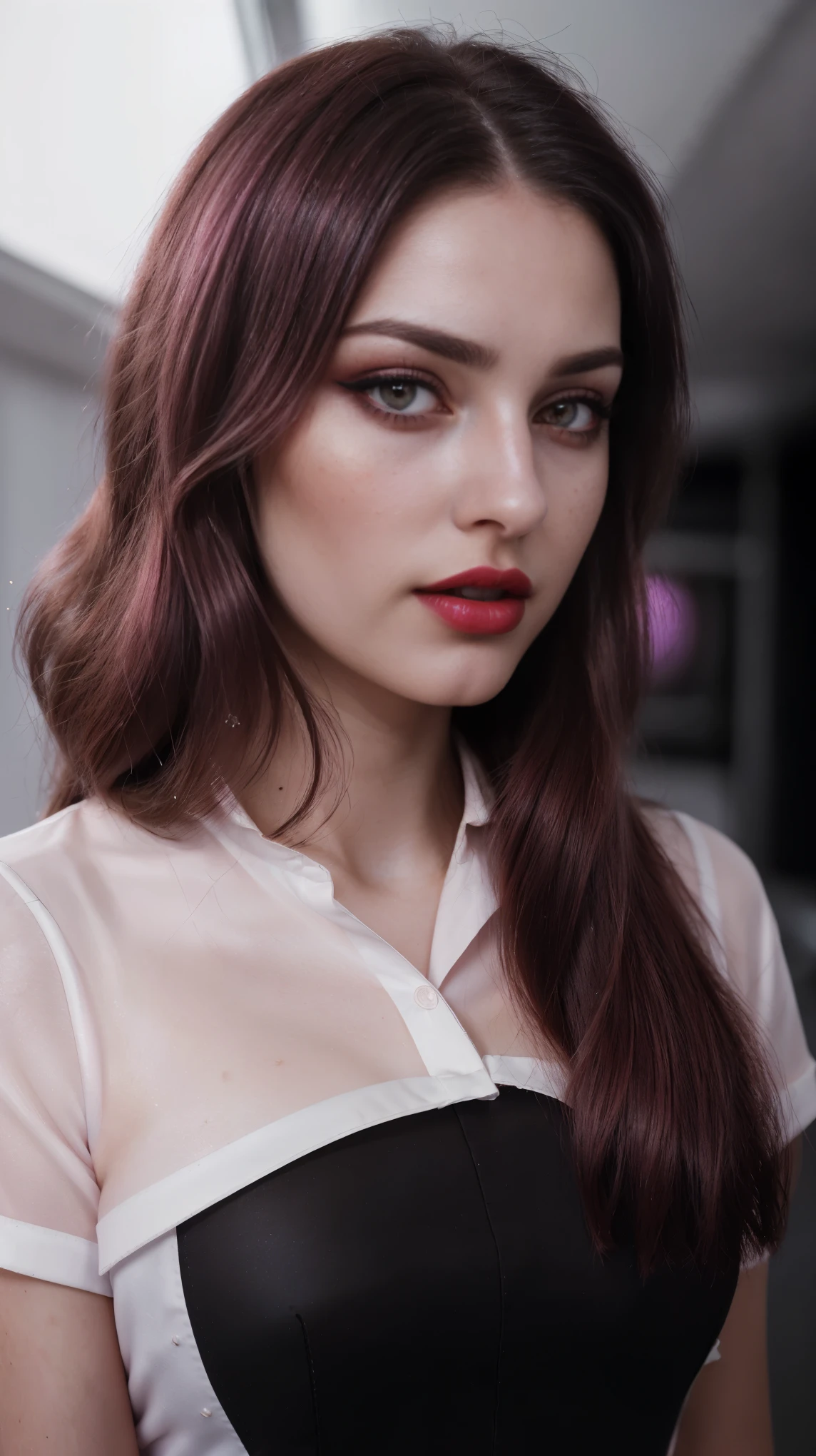 shining hair, (RAW photo), (realism: 1.8), (gloss red lipstick, many eyelashes, dark black eye shadow, shy, blushing, high quality, high resolution, depth of field, chromatic aberration, caustic, wide light, dark pink fair glossy skin, (21 year old woman), stylish air hostess, lots of exposure, pose, visible 8k resolutions,