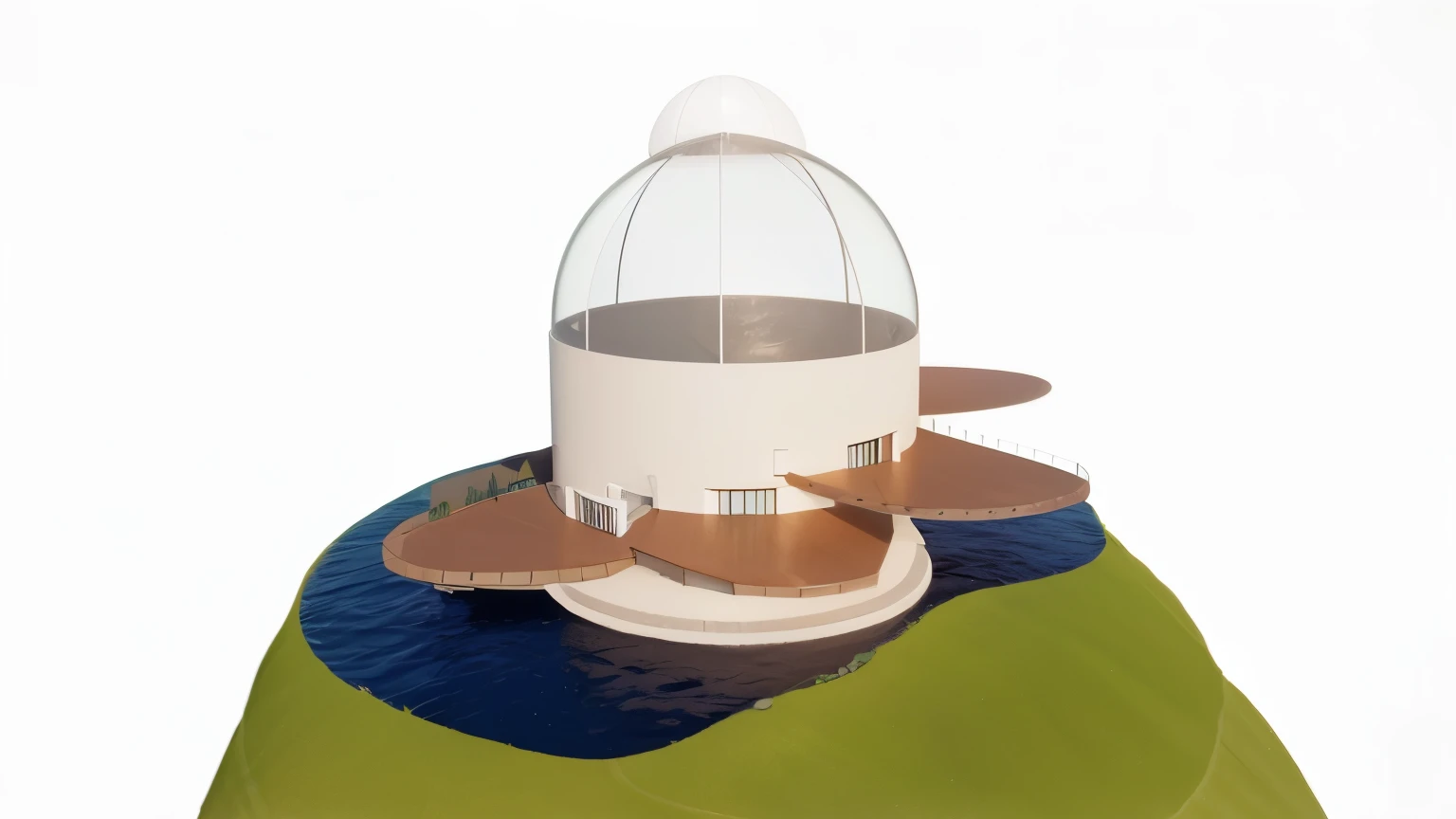 Render this image artistically and realistically, is an observatory on top of a hill surrounded by water, insert vegetation