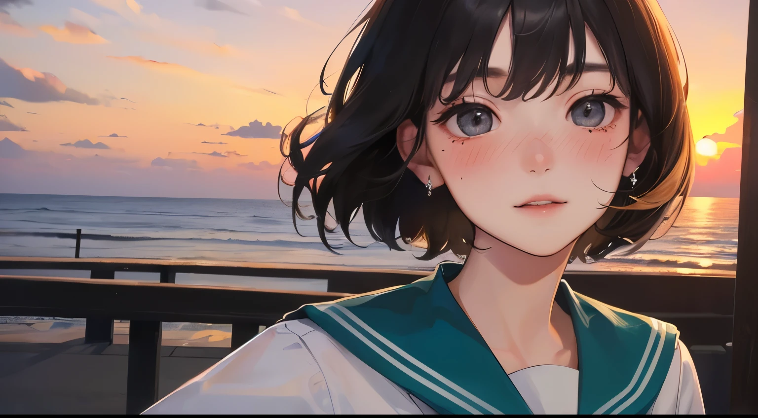 Masterpiece,best quality, (((Evening sea background))), determined expression, sailor suit、
(((1 woman)))、(highest resolution、clear_image)、 (((blush))、best quality、((short hair)), (((sunset)))、contrast of light and shadow、((illumination))、very detailed、semi-realistic、Black shorthair、shy smile、bangs、20-year-old、office Lady,,young、((View from the front))、delicate facial features facial features、