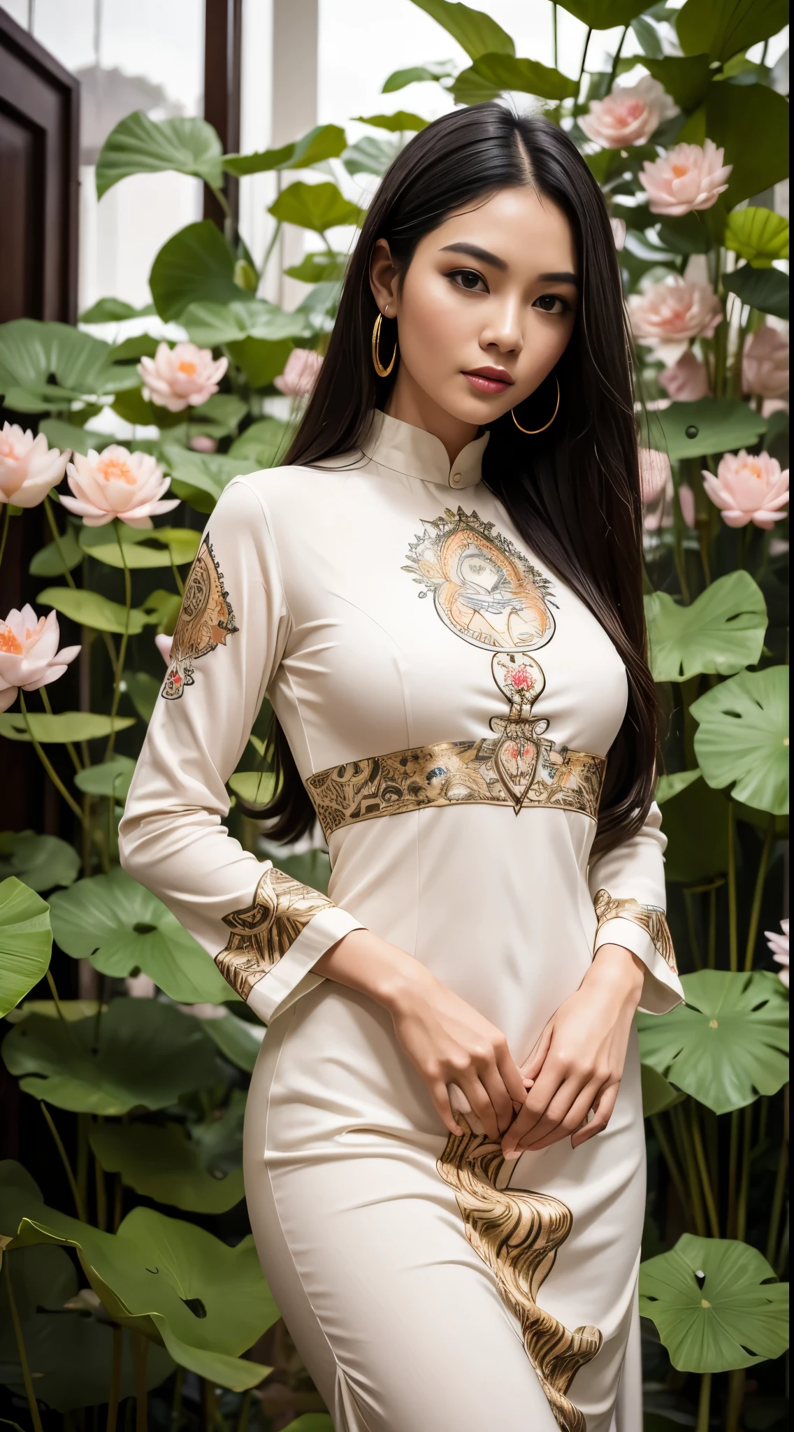 (8k, Ultra high resolution:1.1) , Elegant Vietnamese woman in her 20s, Wear a dress with a side knit and a tiger pattern., highlighting เหงียน's slender figure and graceful posture. High-resolution images capture detailed realism., highlighting เหงียน's captivating brown eyes, Beautiful, flawless skin, and long black hair. The backdrop of a tranquil garden with blooming lotus flowers adds to the timeless beauty and cultural richness of the image..