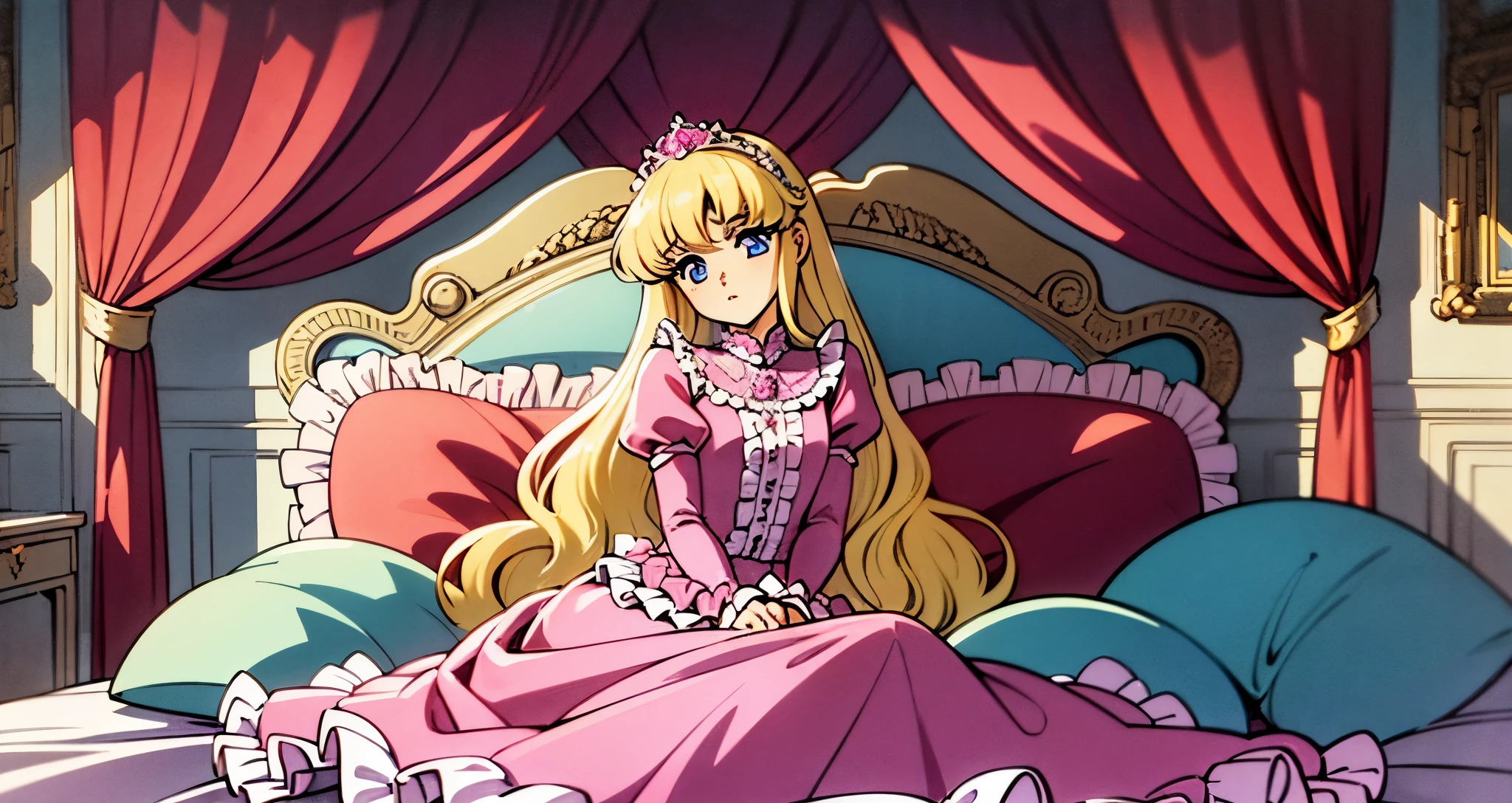 ,highest quality, masterpiece, highest resolution, artwork, super それにget used to it, many get used to it, get used to it, それにget used to it, 3K anime illustration,,(( When I was )),Super detailed baby face,She is a princess,Full length ball gown dress with hoop skirt,ruffled yoke collar,puff sleeves,long sleeve,((Lolita style pink detailed princess satin dress、Comes with lots of frills and ribbons。)),colorful rococo fashion,shiny satin dress,Soft and smooth fabric,luxury,long blonde hair,blue eyes,white skin european,pajamas,((inside the palace)),,,(( When I was 10 years old)),Sd baby face,Full length ball gown dress with hoop skirt,long skirt,ruffled yoke collar,puff sleeves,腰まで伸びるlong blonde hair,blue eyes,white skin european,pajamas,((inside the palace bedroom)),ピンクのシルクサテンのluxuryなcanopy bedの上,canopy bed,luxurious curtains under the canopy,many frilly pillows on the bed,super detailed background,detailed bed,silk satin bed sheets,soft silk satin comforter,Soft silk satin ruffled pillow in pastel colors,little princess is sitting on the bed,legs are hidden in the dress,Don't put your feet out to the side,Beautiful girl illustration,detailed beautiful face detailed hair,detailed human eye ,detailed mouth, arm details,fine hands,Detailed pillow,Frilly pillows piled up behind the girl,