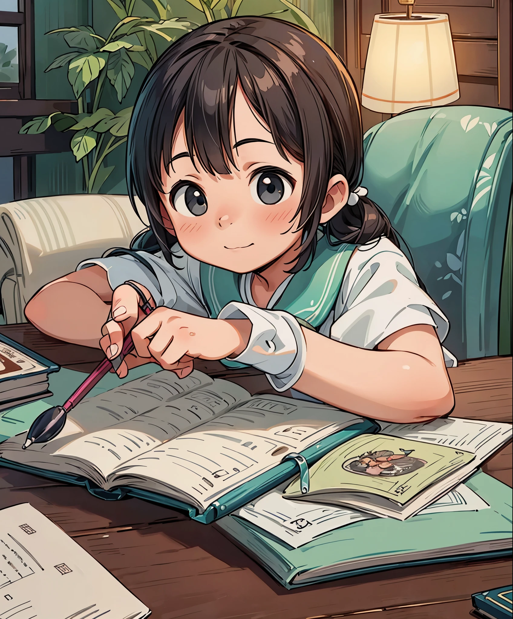 (masterpiece、highest quality、highest quality、official art、beautiful beautiful:1.2)、(1 girl:1.3)Hatsune Miku、twin tails,Photo of a beautiful girl in traditional Chinese dress looking at an ancient Chinese book under a lamp on a low table in an old walled garden on a peaceful evening,((he has a pen in his right hand.、Place your left hand on the table)),((table top)),realistic,4k,,((beautiful big eyes))
