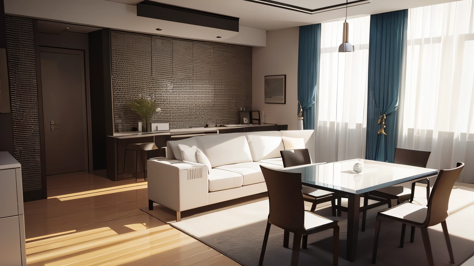 you are a famous interior designer、I was asked to create a 3D image of a large modern room.。. Create a harmonious environment with modern and minimalist furniture. Including garden interior.