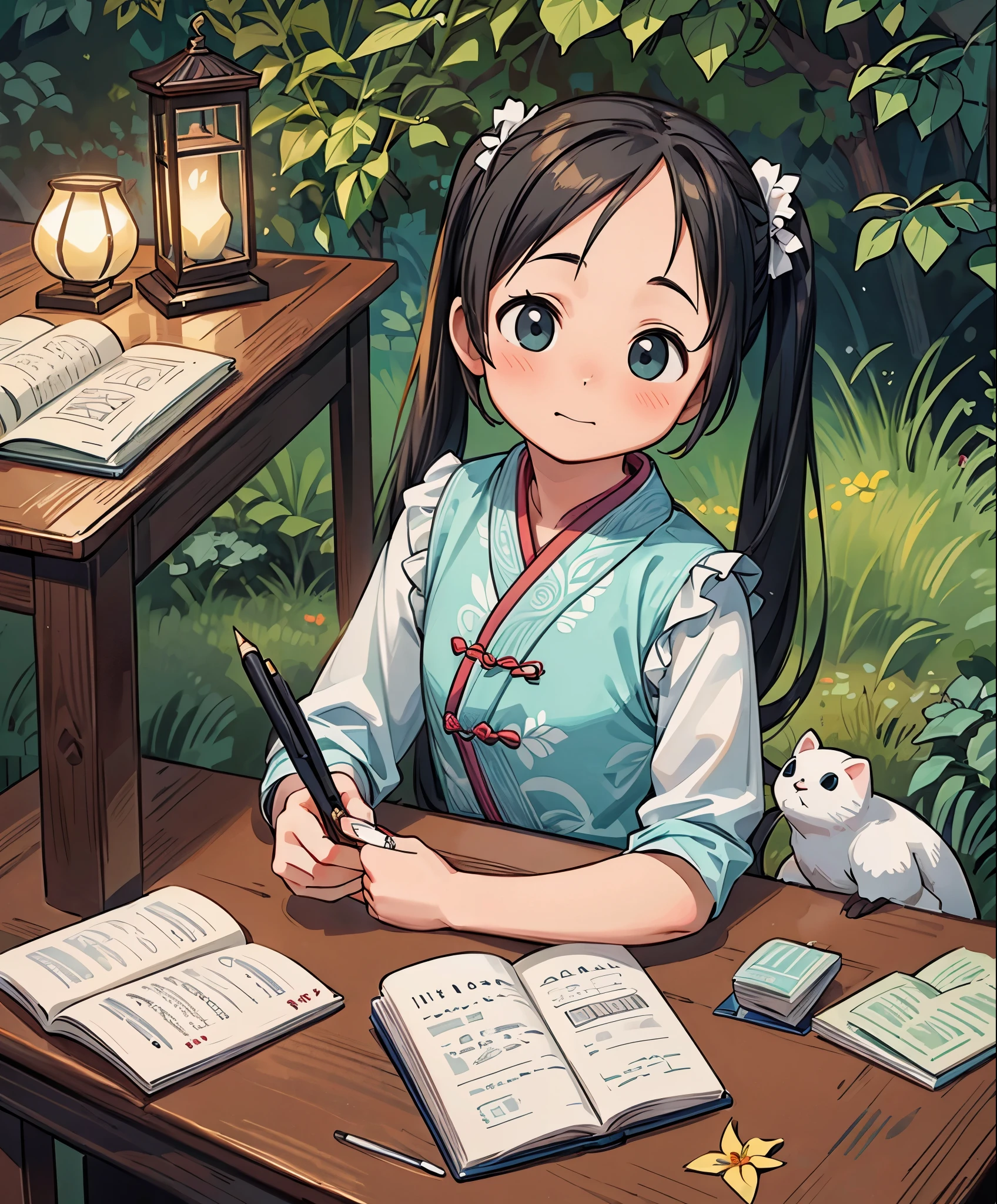 (masterpiece、highest quality、highest quality、official art、beautiful beautiful:1.2)、(1 girl:1.3)Hatsune Miku、twin tails,Photo of a beautiful girl in traditional Chinese dress looking at an ancient Chinese book under a lamp on a low table in an old walled garden on a peaceful evening,((he has a pen in his right hand.、Place your left hand on the table)),((table top)),realistic,4k,,((beautiful big eyes))