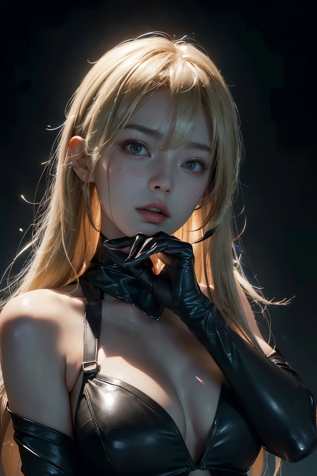 20 year old woman, Long blonde bangs, (Hyperfade:1.3), Dark theme, soothing color tones, muted colors, high contrast, (The skin texture is natural., Surreal, soft light, sharp) black bikini with black horns ((best quality)), ((Masterpiece)), (details:1.4), 3D, Beautiful cyberpunk female body with thick hair, In the building, looking at electronic screen, think about the problem, Looks focused, holding an electronic pen in hand, inside a spaceship, (((seven dimensional photography)), (Full coverage electronic leather clothing), การglow, light particles, (((glow)), Anti-chaos technology, pure energy, HDR (high dynamic range), (High light and dark contrast), Ray tracing, NVIDIA RTX, Excellent resolution, Not true 5, subsurface scattering, PBR surface, After processing, Anisotropic filtration, depth of field, ความชัดเจนและความsharpชัดสูงสุด, multi-layered surface, Albedo and Specular Maps, surface shading, Accurate simulation of light-material interactions, perfect proportions, Octane rendering, Two tone light, large aperture, Low ISO, white balance, Third rule, 8K RAW file, arms raised